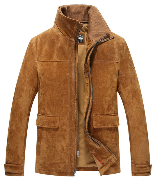 FLAVOR Men's Classic Leather Jacket Suede Winter Coat with Removable Collar (Medium, Brown)
