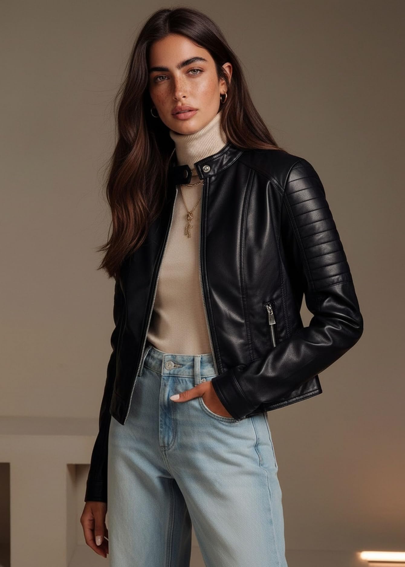 Pallivare Womens Faux Leather Motorcycle Stand Collar Jacket