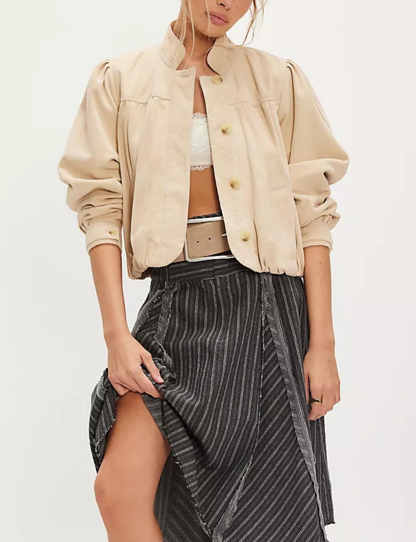 Wanzetaly Women's Faux Suede Jacket Casual Cropped Leather Coat with Pocket Button Bomber Jacket(0615-Beige-S)