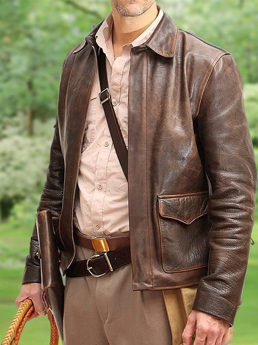 Men's Raiders of The Lost Ark Brown Leather jacket | Brown distressed Leather Jacket Harrison American Bomber Leather Coat (D2, M)