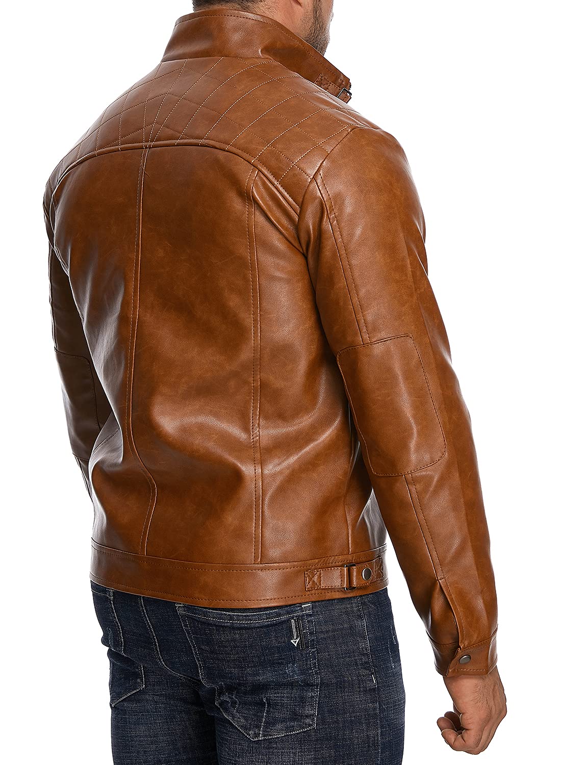 HOOD CREW Men’s Stand Collar Leather Jacket Casual Faux Leather Motorcycle Jacket Outerwear Coat with Zipper Pockets Brown 4XL