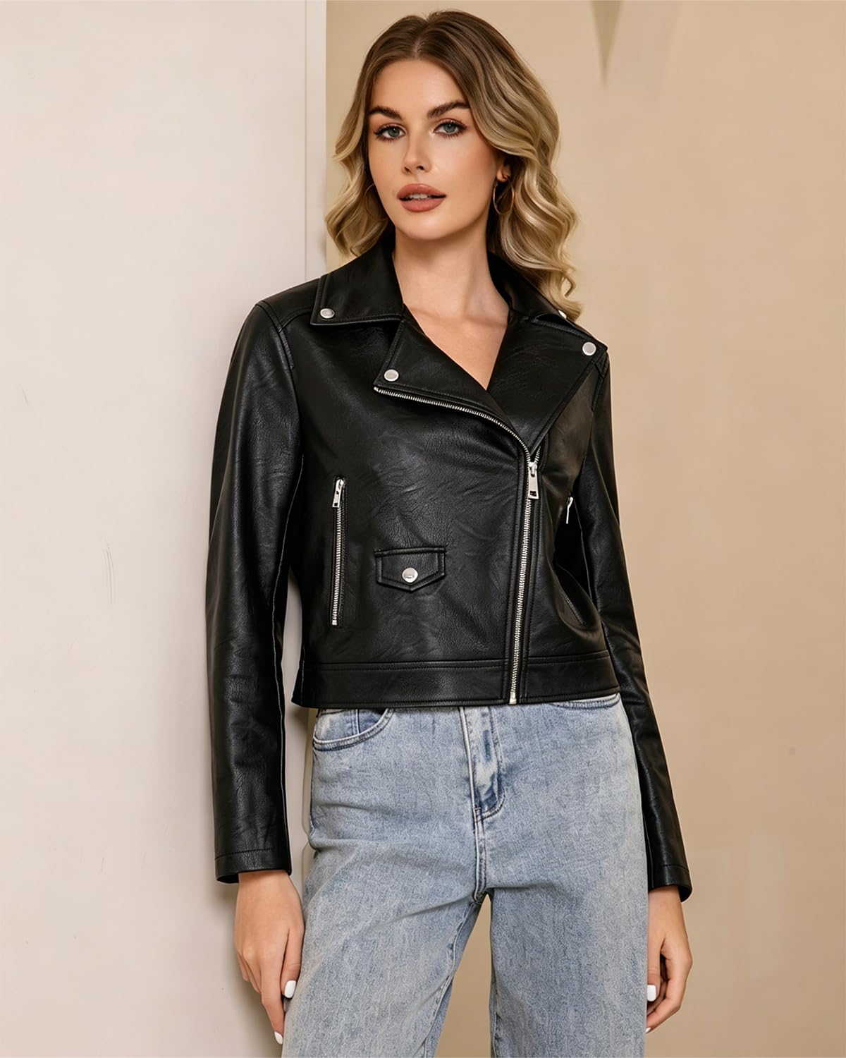 WYOYW Faux Leather Jacket For Women PU Cropped Moto Biker Coat Zip Up Slim Motorcycle Jacket Black S