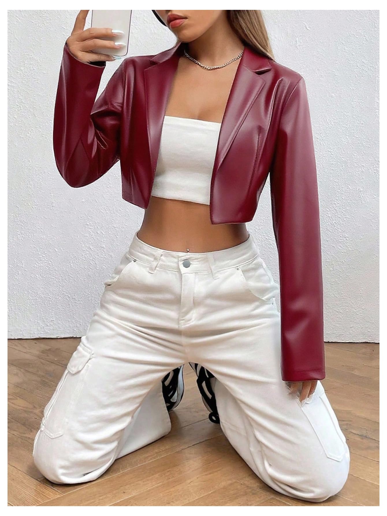 GORGLITTER Women's Cropped Faux Leather Jacket Y2k Long Sleeve Open Front Cardigan Bomber Moto Biker Jackets Rave Outfits Burgundy Small