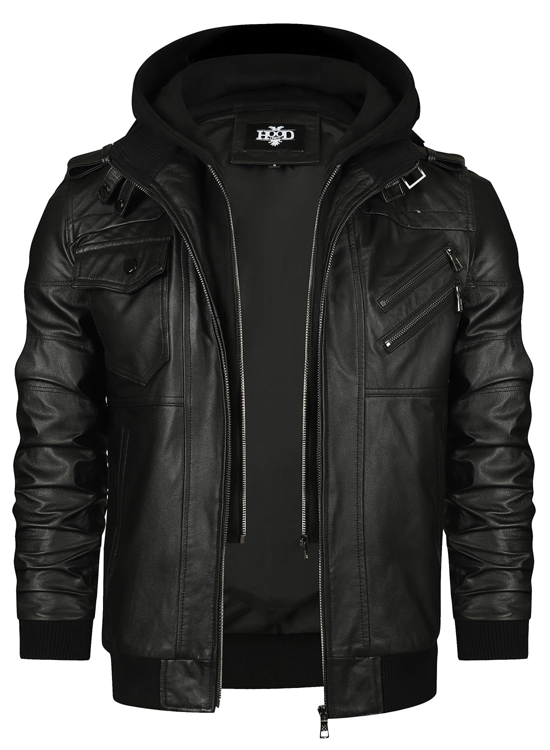 HOOD CREW Men’s Genuine Cowhide Leather Jacket Black Hooded Motorcycle Biker Jacket for Men