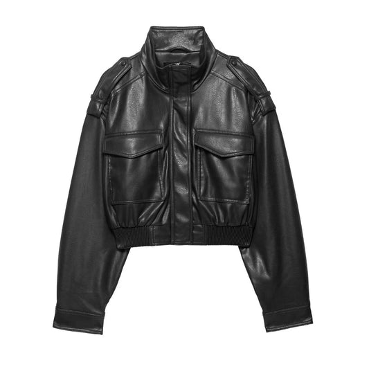 FindThy Women’s Cropped Faux Leather Jacket Vintage Stand Collar Long Sleeve Zip Up Fall Fashion Motorcycle Bomber Coats(4212-Black-M-aLB)