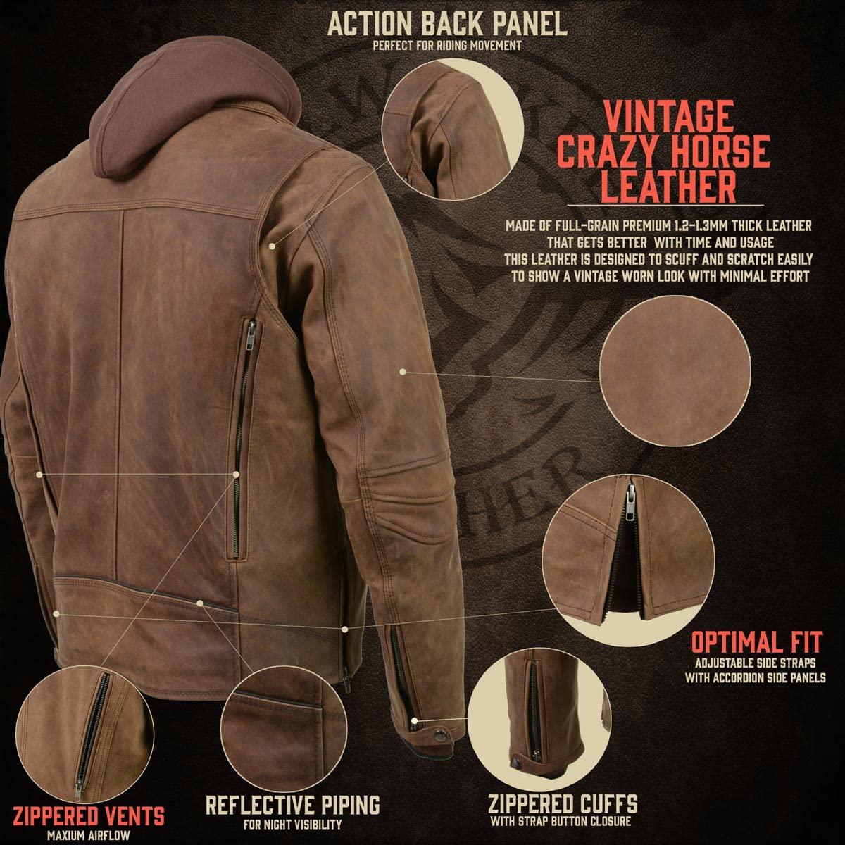 Milwaukee Leather Men's Premium Leather Motorcycle Riders Vented Jacket with Removable Hoody Liner - X-Large