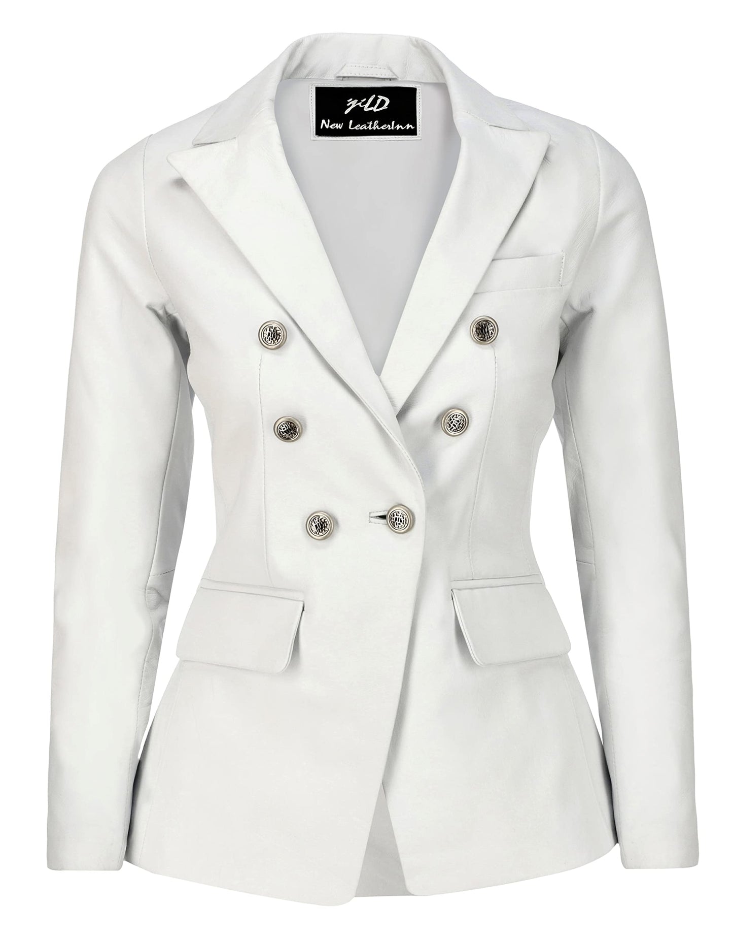 Jild Double Breasted Fancy Buttons Lambskin Leather Blazer Women - Kim Kardashian Long Sleeve Coat Style Leather Jacket Women (FC-White-XXL)