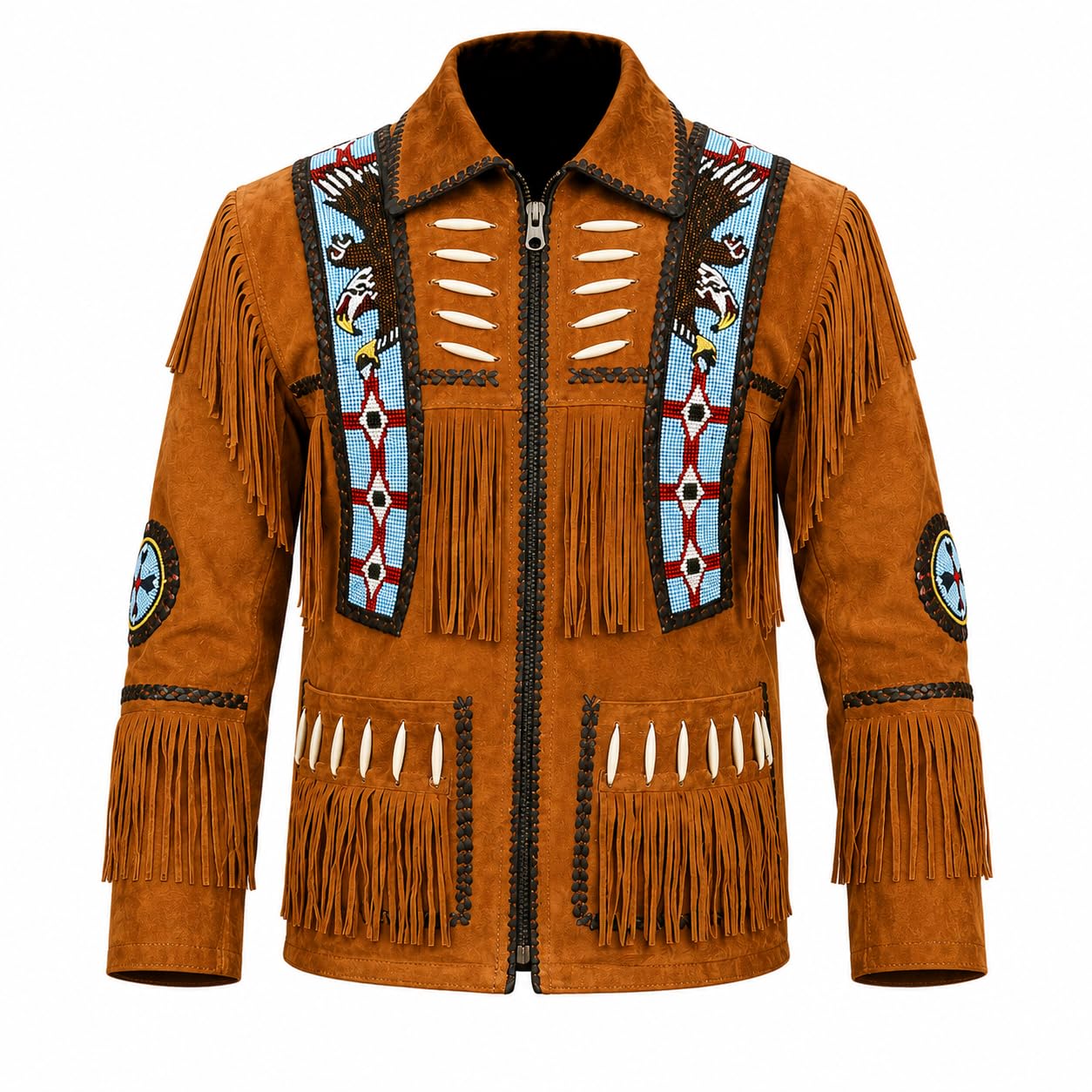 Rapid Mart Men's Western Cowboy Leather Jacket with Fringed Native American Suede Beaded Traditional Leather Coat (US, Alpha, X-Large, Regular, Regular, Tan Brown)