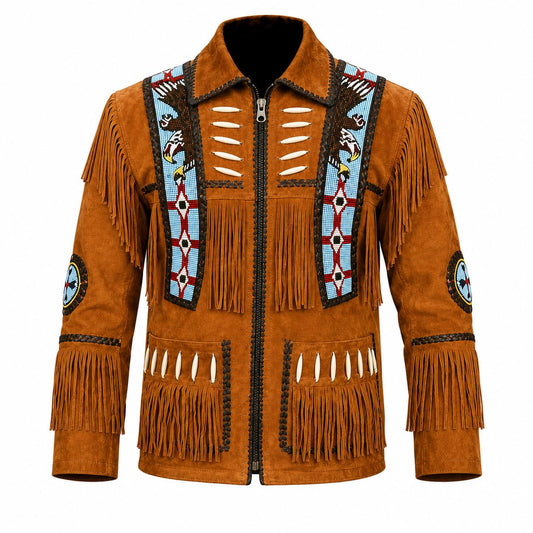Rapid Mart Men's Western Cowboy Leather Jacket with Fringed Native American Suede Beaded Traditional Leather Coat (US, Alpha, X-Large, Regular, Regular, Tan Brown)