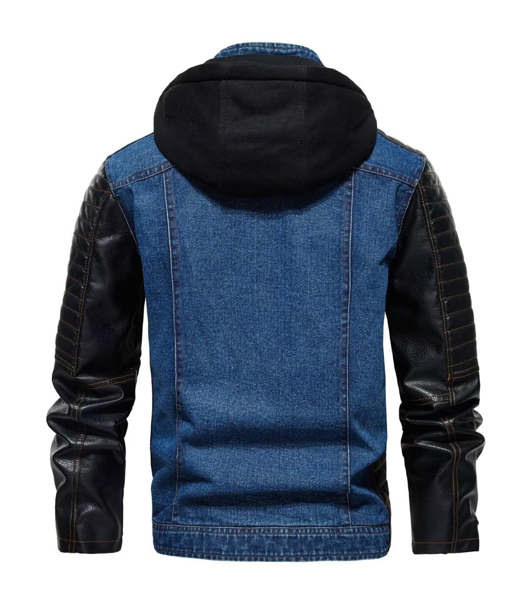 FTIMILD Mens Denim Jacket with Pu Leather Patchwork Biker Jacket with Detachable Hood Jean Jacket with Multiple Pockets