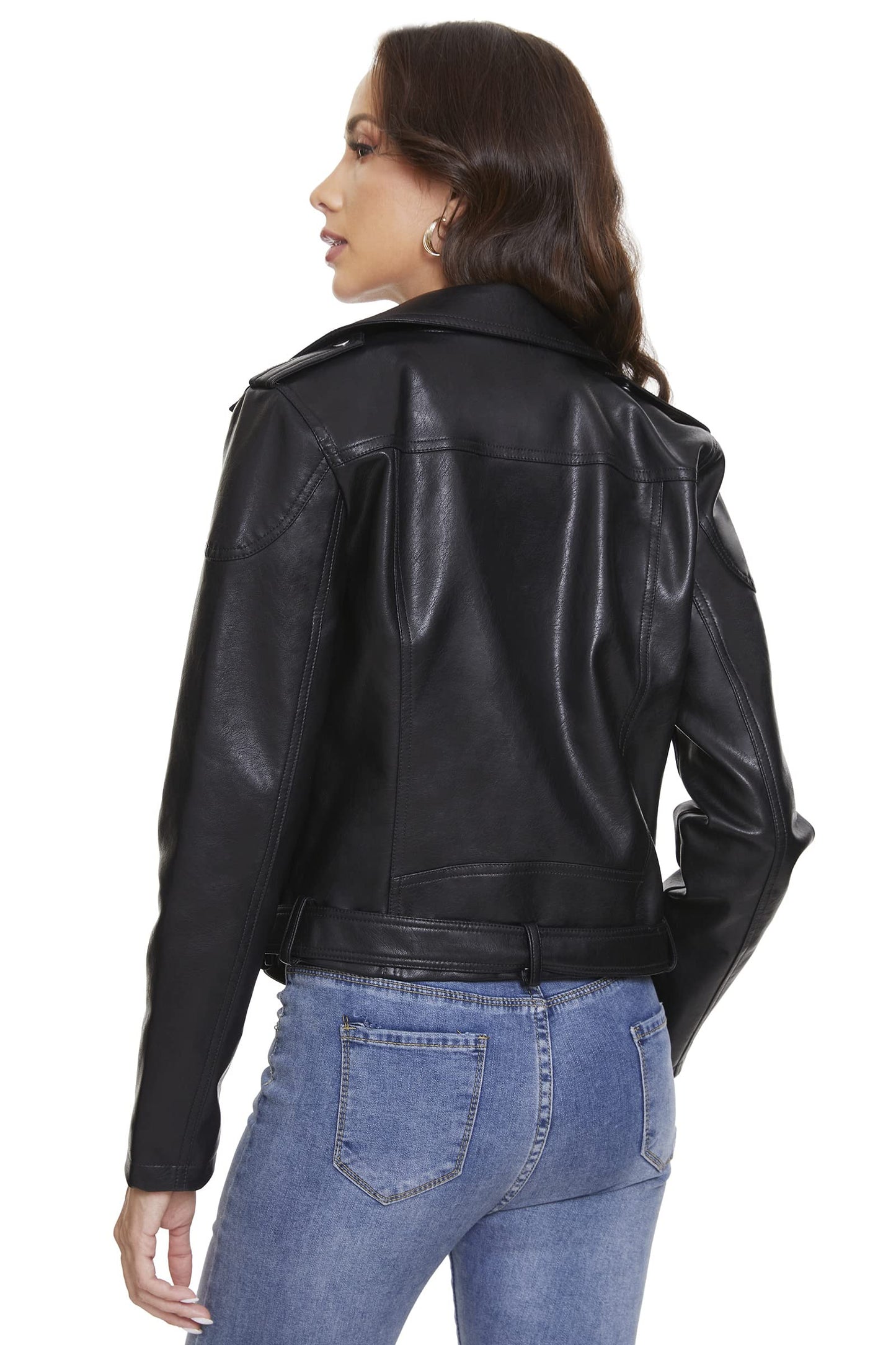 Fahsyee Women's Faux Leather Jackets with Belt, Zip Up Motorcycle Short PU Moto Biker Outwear Fitted Slim Coat Black Size M