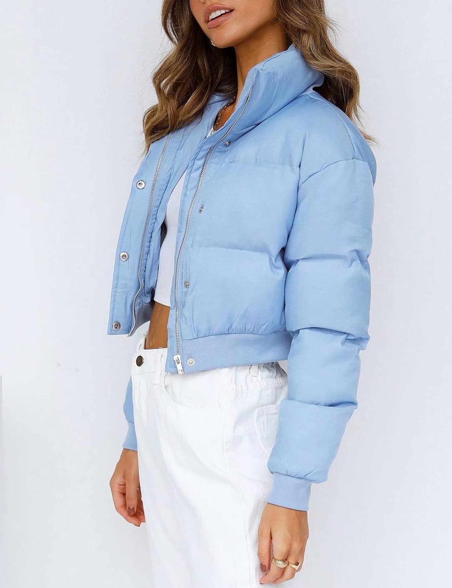 UANEO Womens Cropped Puffer Jacket Stand Collar Zip Up Winter Padded Down Coats (Blue, Medium)