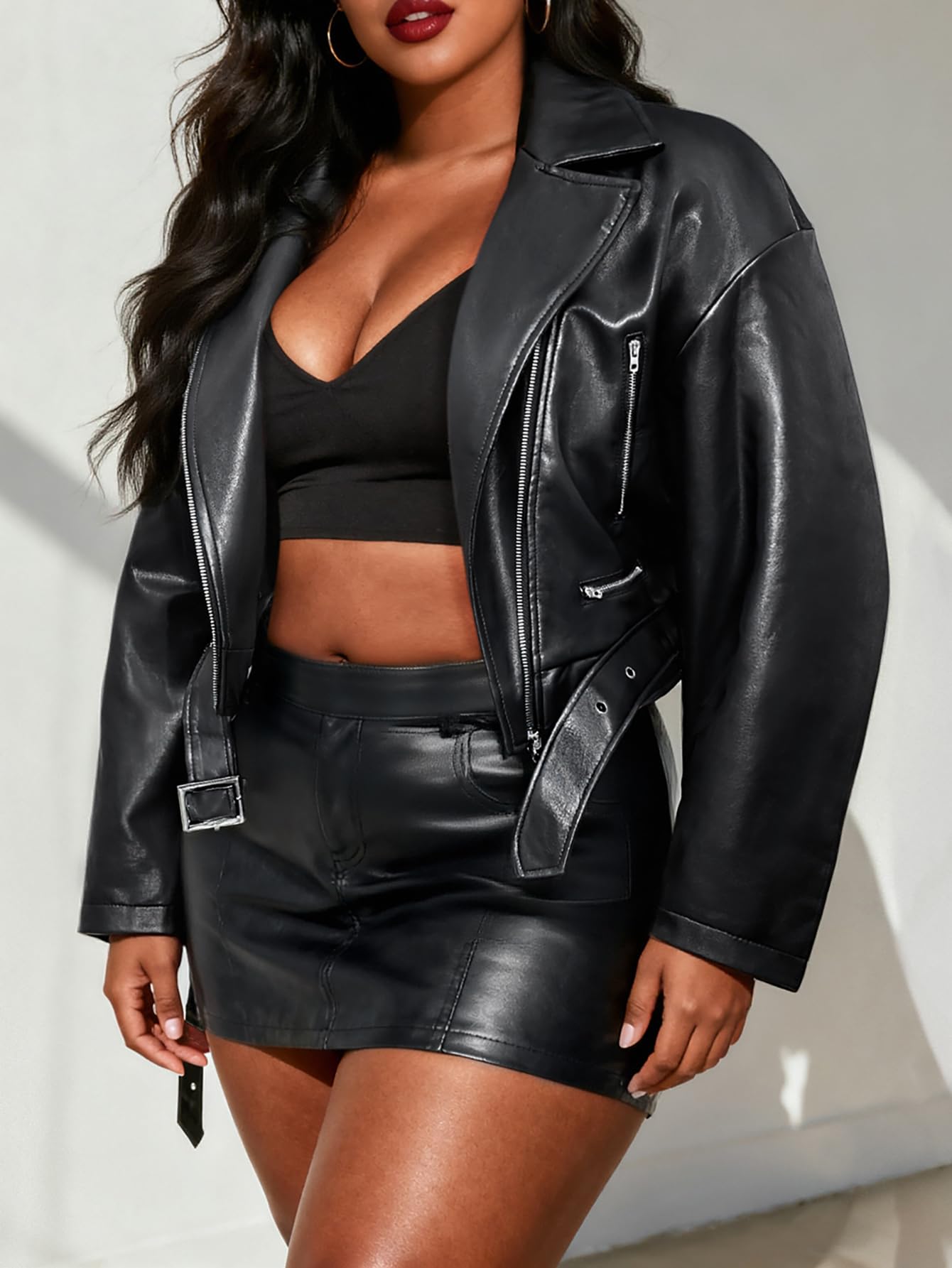Gudasuo Leather Jacket Women Zip Up Biker Motorcycle Jacket Long Sleeve Open Front Coat Outwear(0057 B M)