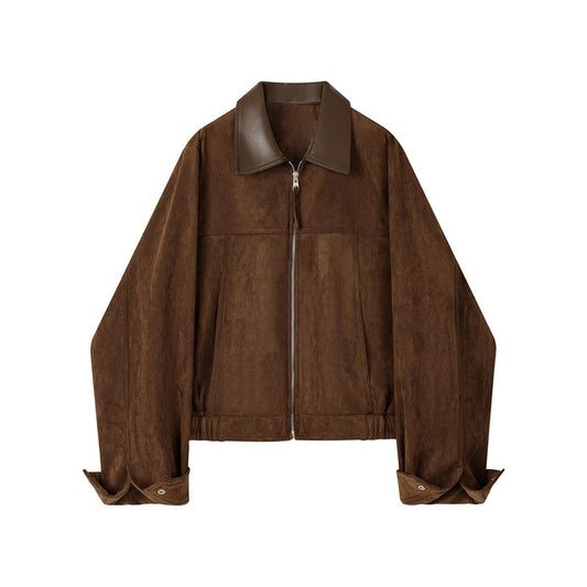 Zoziiee Women's Faux Suede Cropped Jacket Contrast Collar Zip Up Utility Barn Coat Trendy Fall Outwear(Coffee,M)