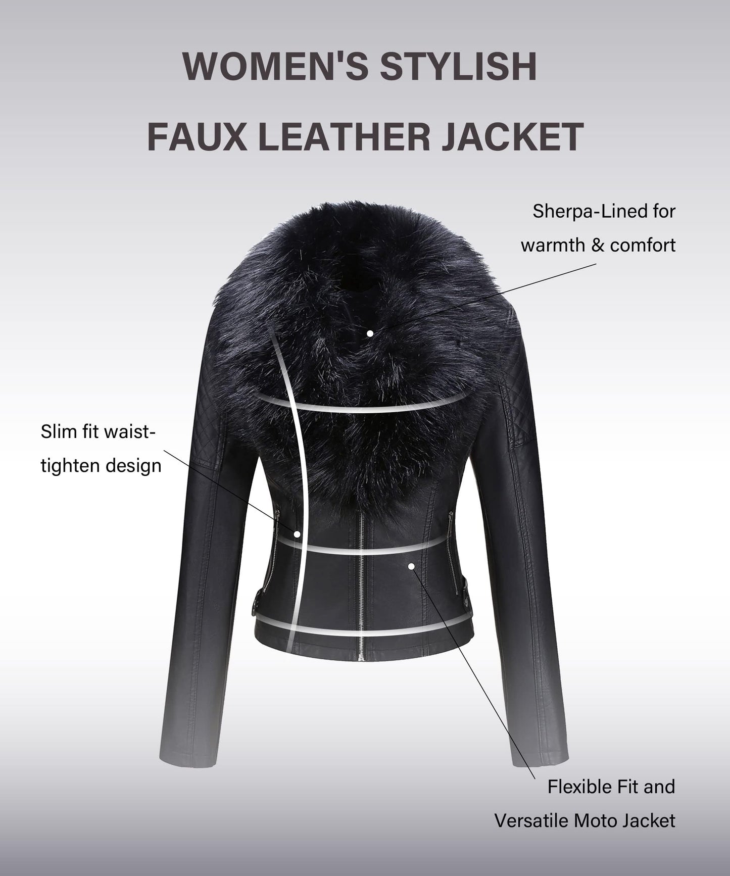 Bellivera Women's Faux Leather Short Jacket Moto Sherpa-Lined Coat with Removable Fur Collar 9201 Black XL