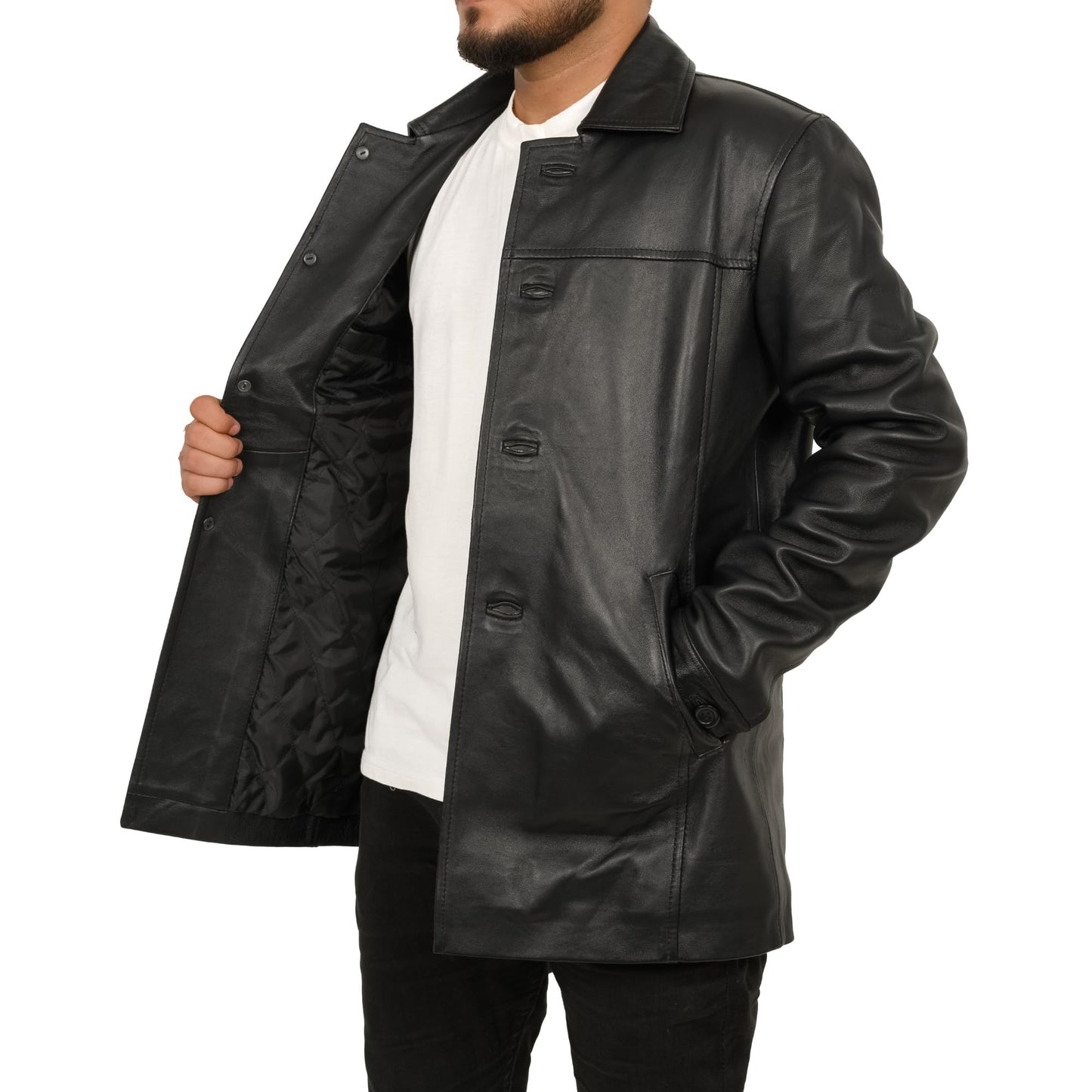 SAFYD® Mens Leather Coat - 3/4 Length Casual Car Coat Style Lambskin Long Leather Jacket Men (US, Alpha, XX-Large, Regular, Regular)