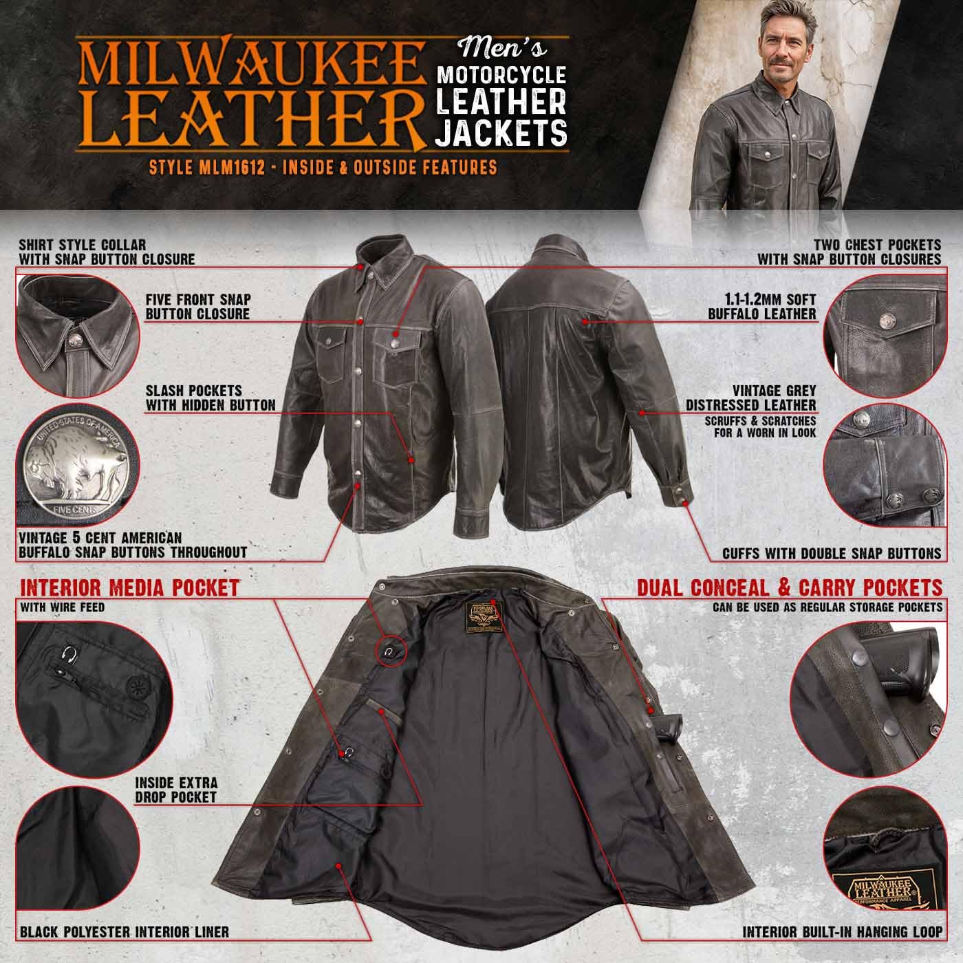Milwaukee Leather MLM1612 Men's Distressed Grey Casual Biker Rider Leather Shirt w/Vintage 5 Cent Buffalo Buttons - Medium