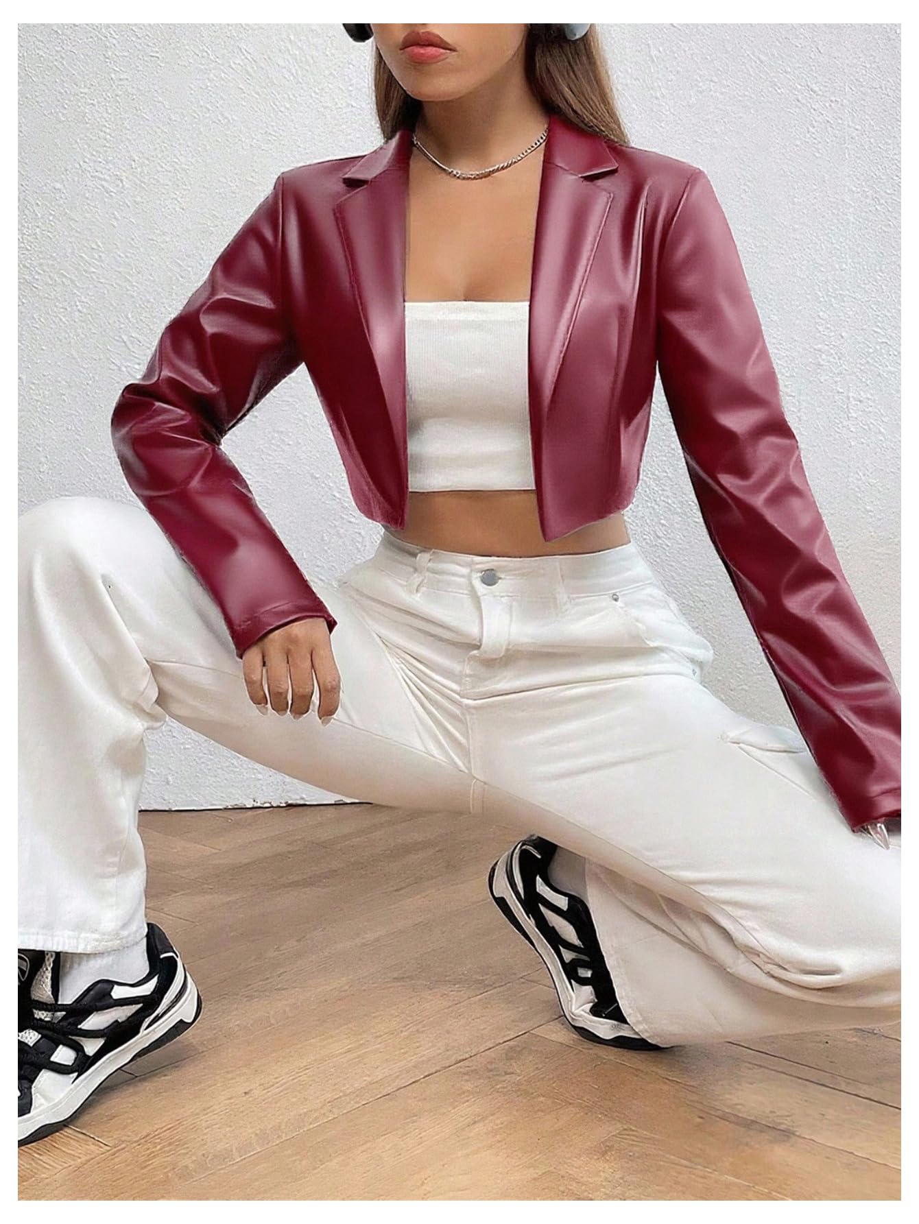 GORGLITTER Women's Cropped Faux Leather Jacket Y2k Long Sleeve Open Front Cardigan Bomber Moto Biker Jackets Rave Outfits Burgundy Small