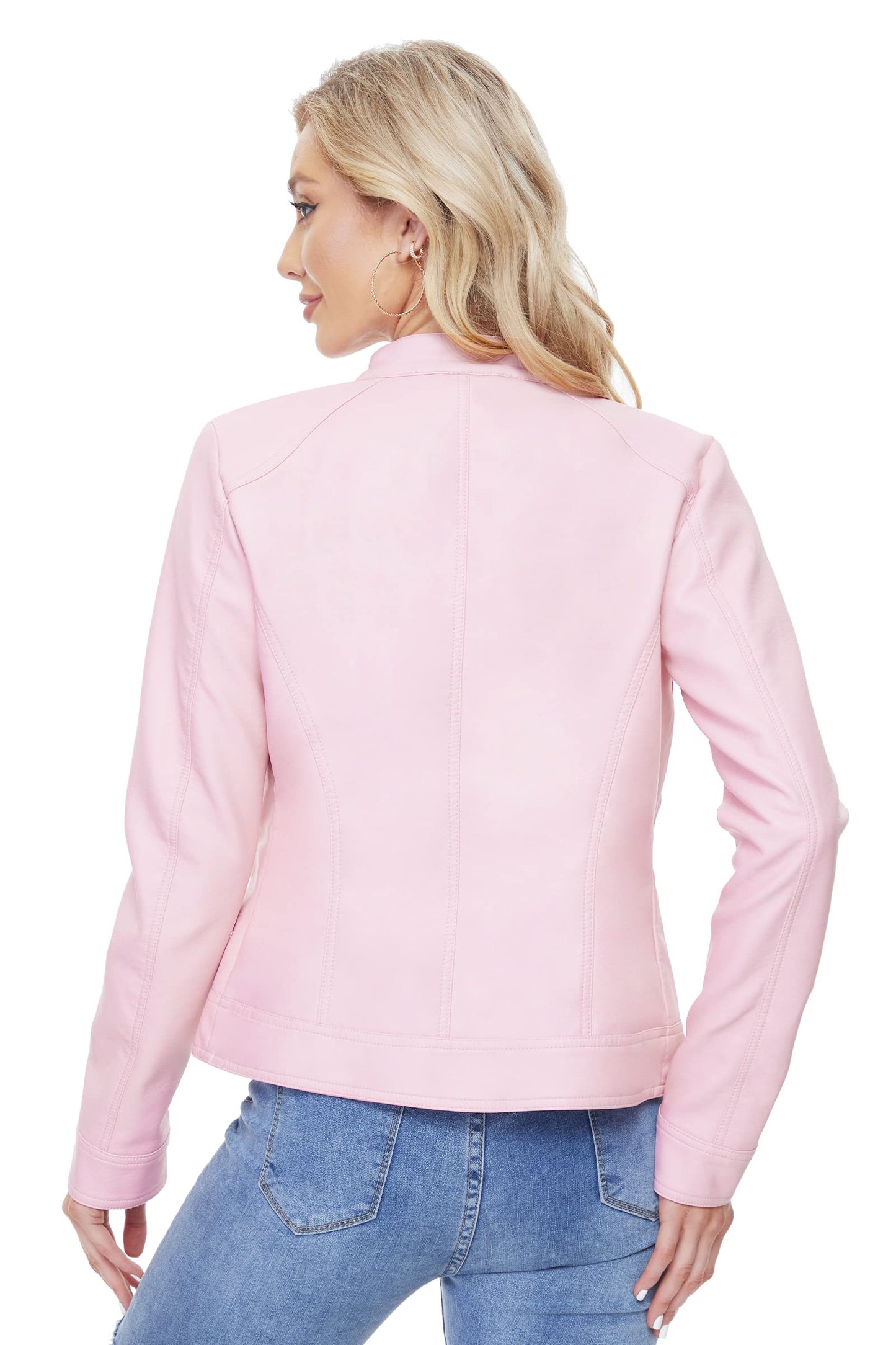 Fahsyee Women's Faux Leather Jackets, Zip Up Motorcycle Short PU Moto Biker Outwear Fitted Slim Coat Size S Pink