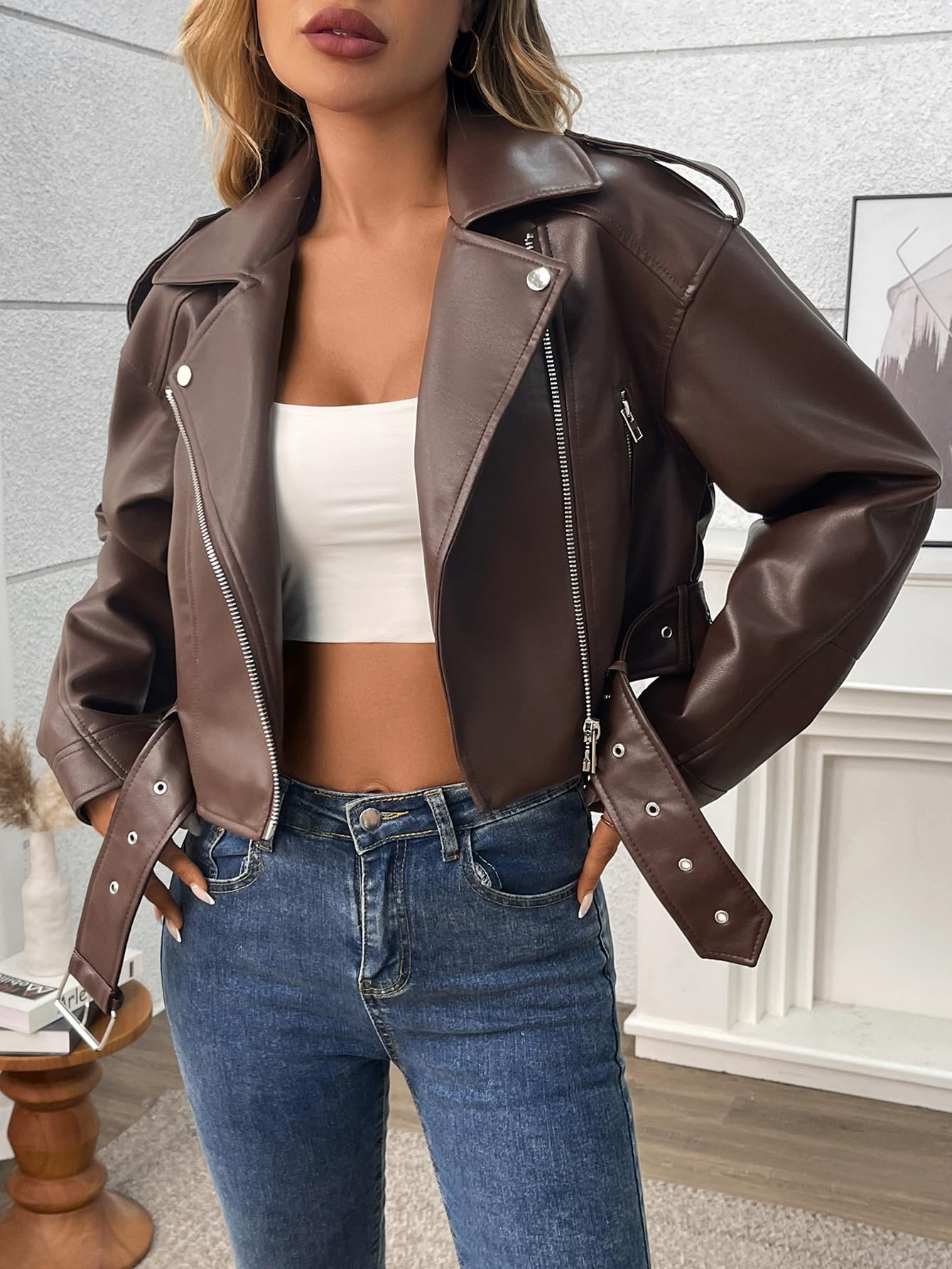 LY VAREY LIN Women Faux Leather Cropped Jacket Vegan Motor Biker Coat with Belt