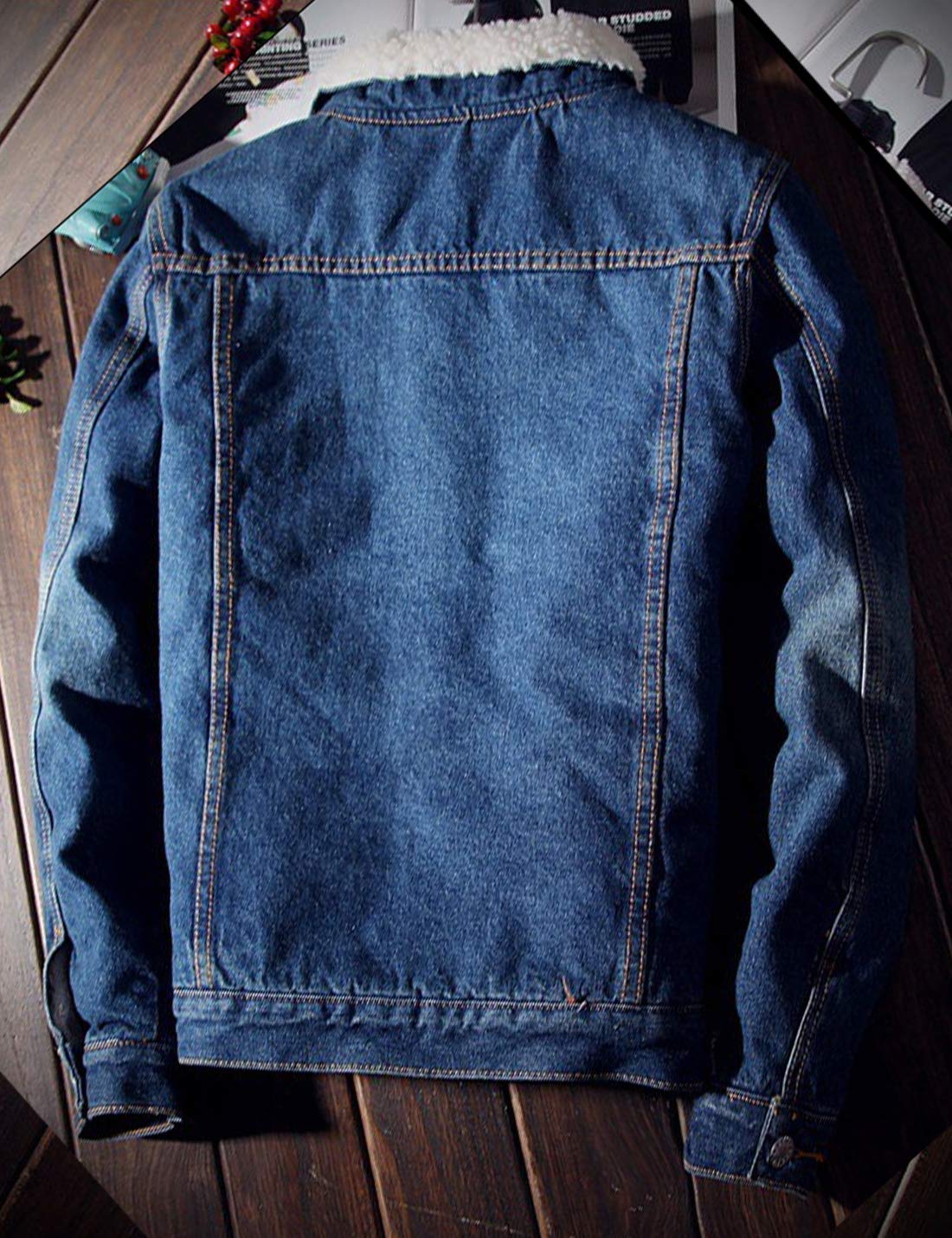 Omoone Men's Lapel Sherpa Fleece Lined Thicken Denim Jean Trucker Jacket Coats (0176-Dark Blue-L)