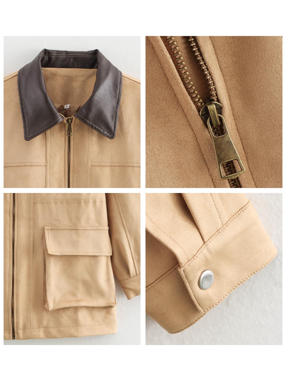 CUFEZN Women's Barn Jacket Faux Suede Leather Collar Utility Jackets Oversized Casual Adjustable Waist Coat with Pockets Khaki Medium