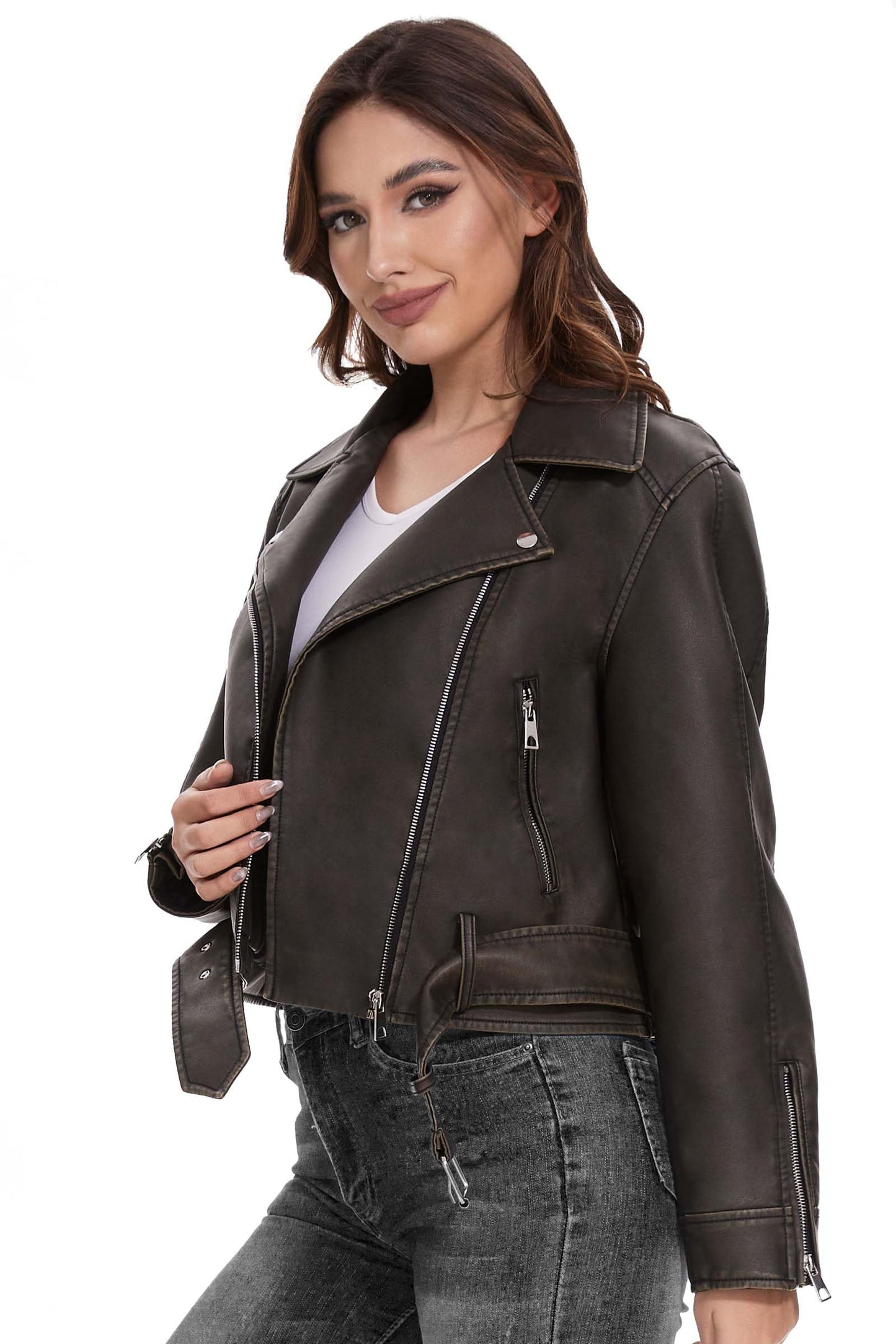 Fahsyee Leather Jacket for Women, Faux Motorcycle Belted Plus Size Moto Biker Coat Short Lightweight Vegan Pleather Fashion, Black, M