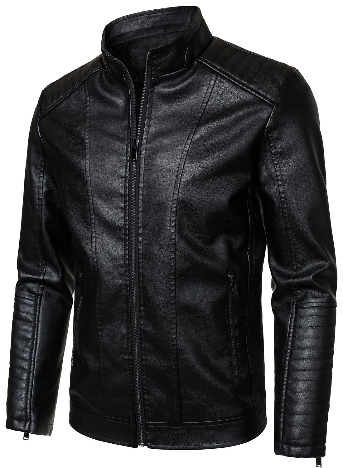 HOOD CREW Men’s Stand Collar Leather Jacket Motorcycle Jackets Faux Leather Biker Coats Lightweight Outwear Black XL