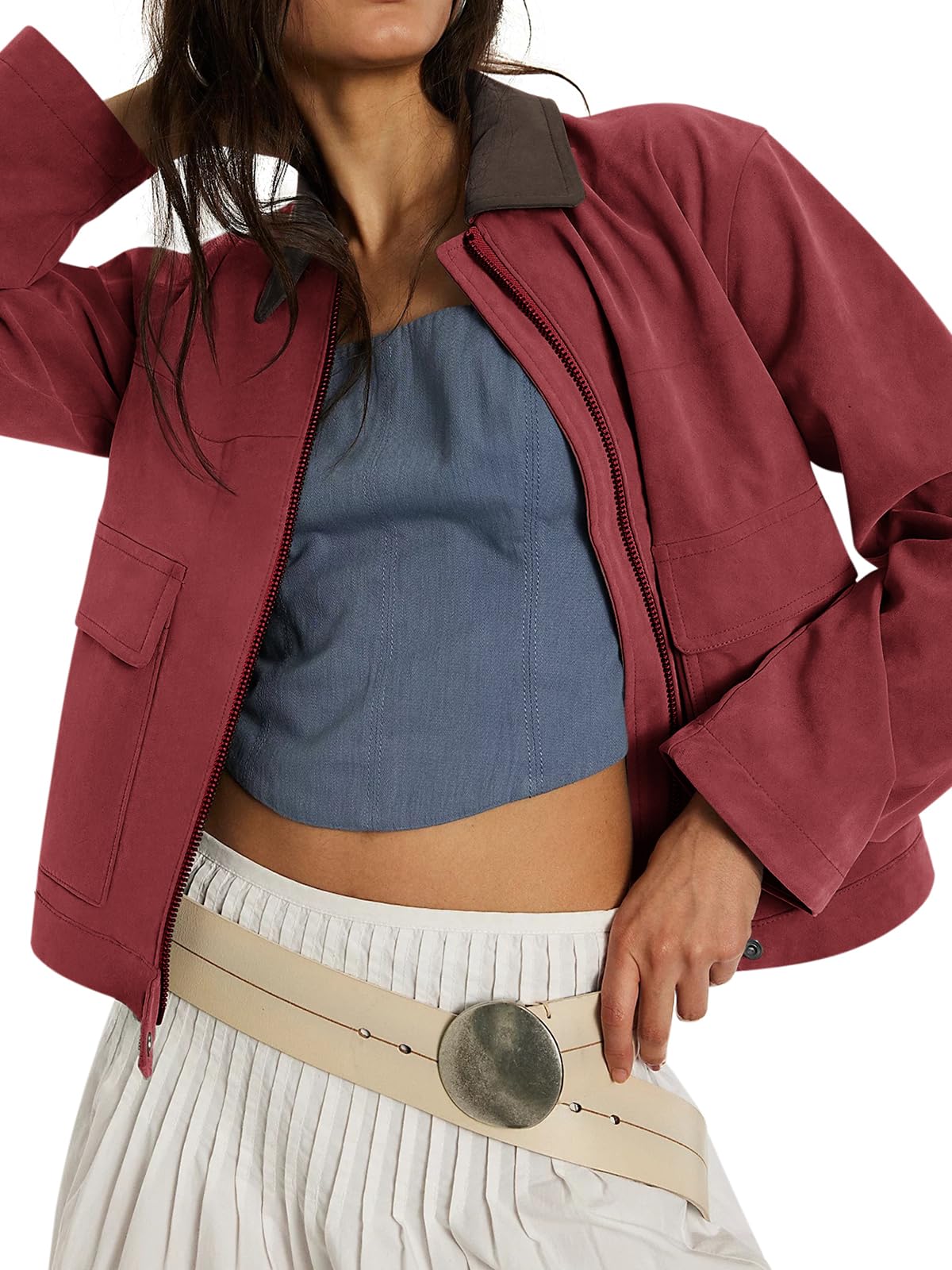 COCCKO Jackets for Women 2026 Full Zip Up Contrast Collar Crop Jacket Casual Trendy Bomber Coat Red L