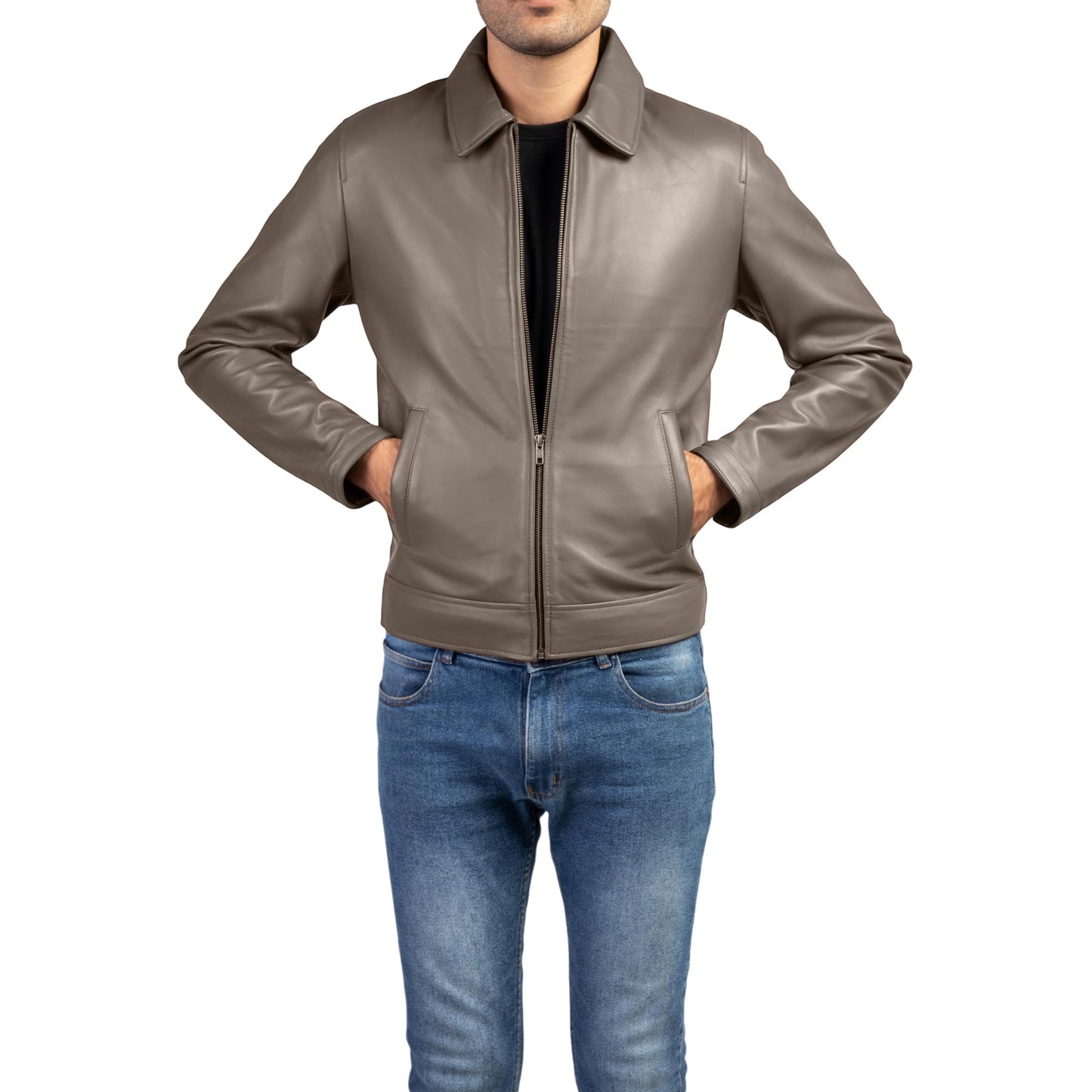 Jild Polo Collar Premium Leather Jacket Men - Old School Classic Style Everyday Wear Real Lambskin Mens Leather Jacket (Polo-Grey-M)