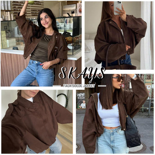 SKAYS Womens Faux Suede Bomber Jacket Lightweight Zip Up Cropped Lapel Pilot Jackets Oversized Casual Motorcycle Coat Beige M