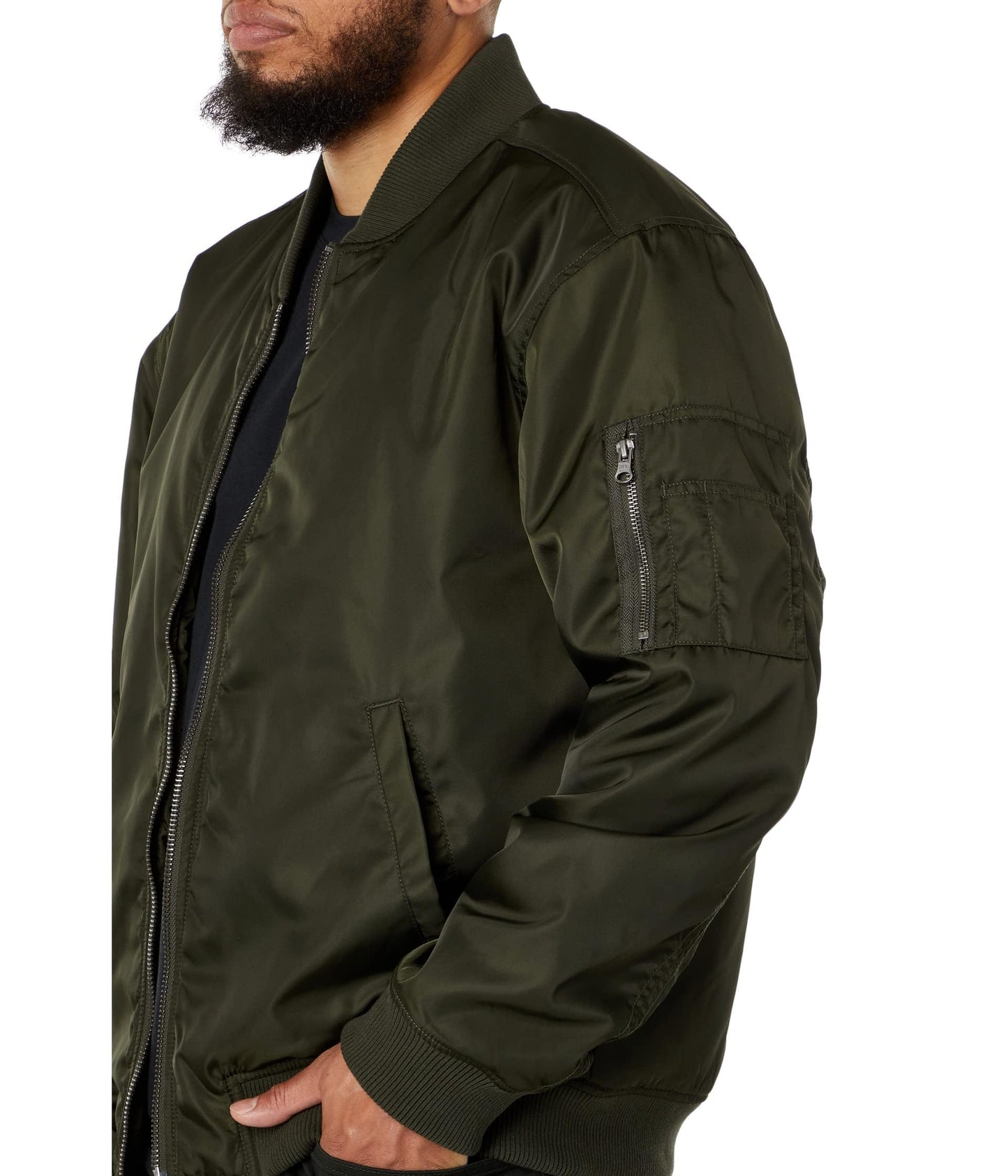 LABEL Go-To Bomber Jacket for Men – Low-Cut Collar – Front Zipper Closure – Multiple Pockets – 100% Nylon Olive MD One Size