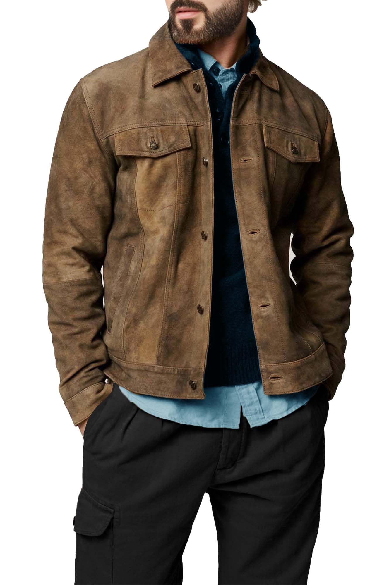 Premium Vintage Trucker Suede Leather Jacket Men Genuine Lambskin Men Leather Jackets Shirt Collar Jackets For Mens (US, Alpha, XX-Large, Regular, Regular, Khaki Suede Leather)