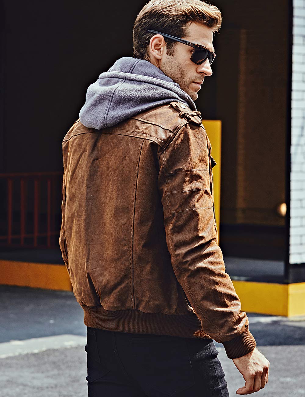 FLAVOR Men Brown Leather Motorcycle Jacket with Removable Hood. (Large (US standard), Brown+Gray)