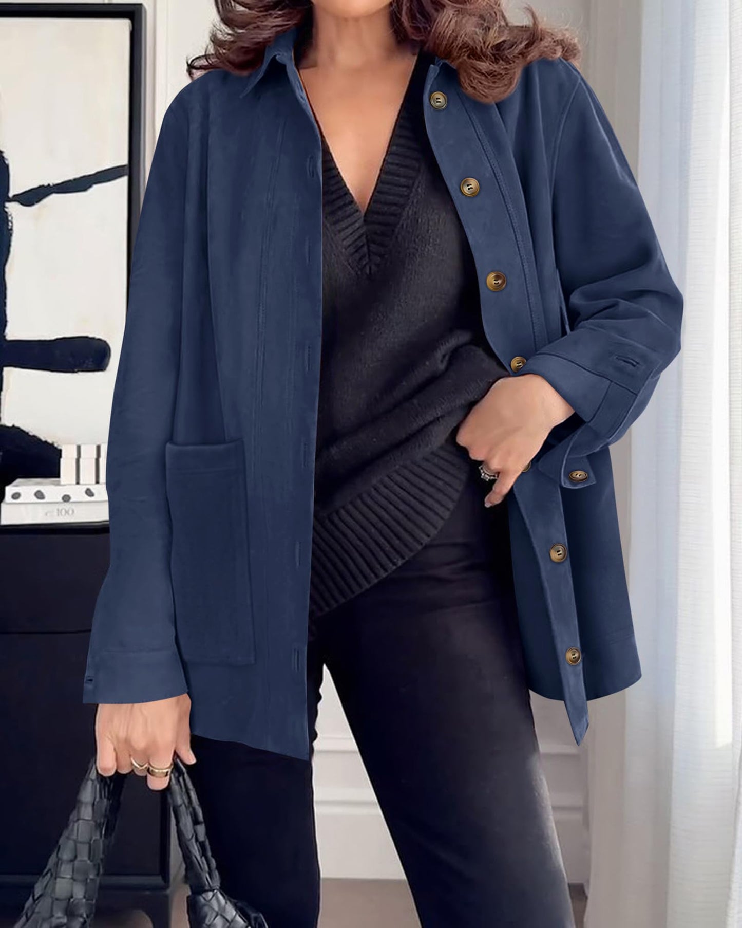 BTFBM Faux Suede Jacket Women Fall Fashion 2026 Leather Jackets Long Sleeve Button Down Winter Coats Shackets Outerwear(Navy Blue, Large)