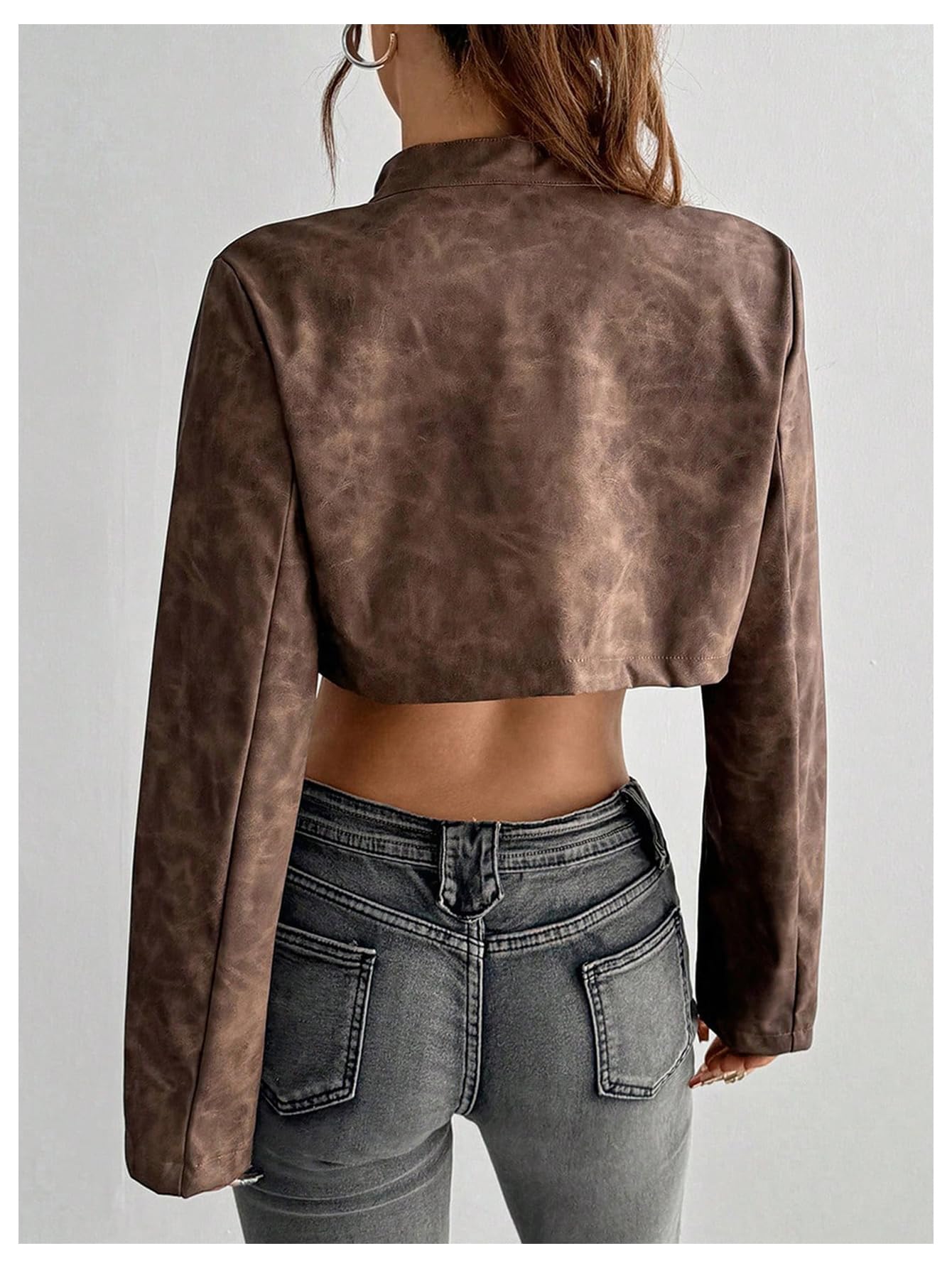 Milumia Women's Faux Leather Cropped Jacket Y2k Zip Up Stand Collar Motorcycle Short Coat Jacket Streetwear Brown X-Small