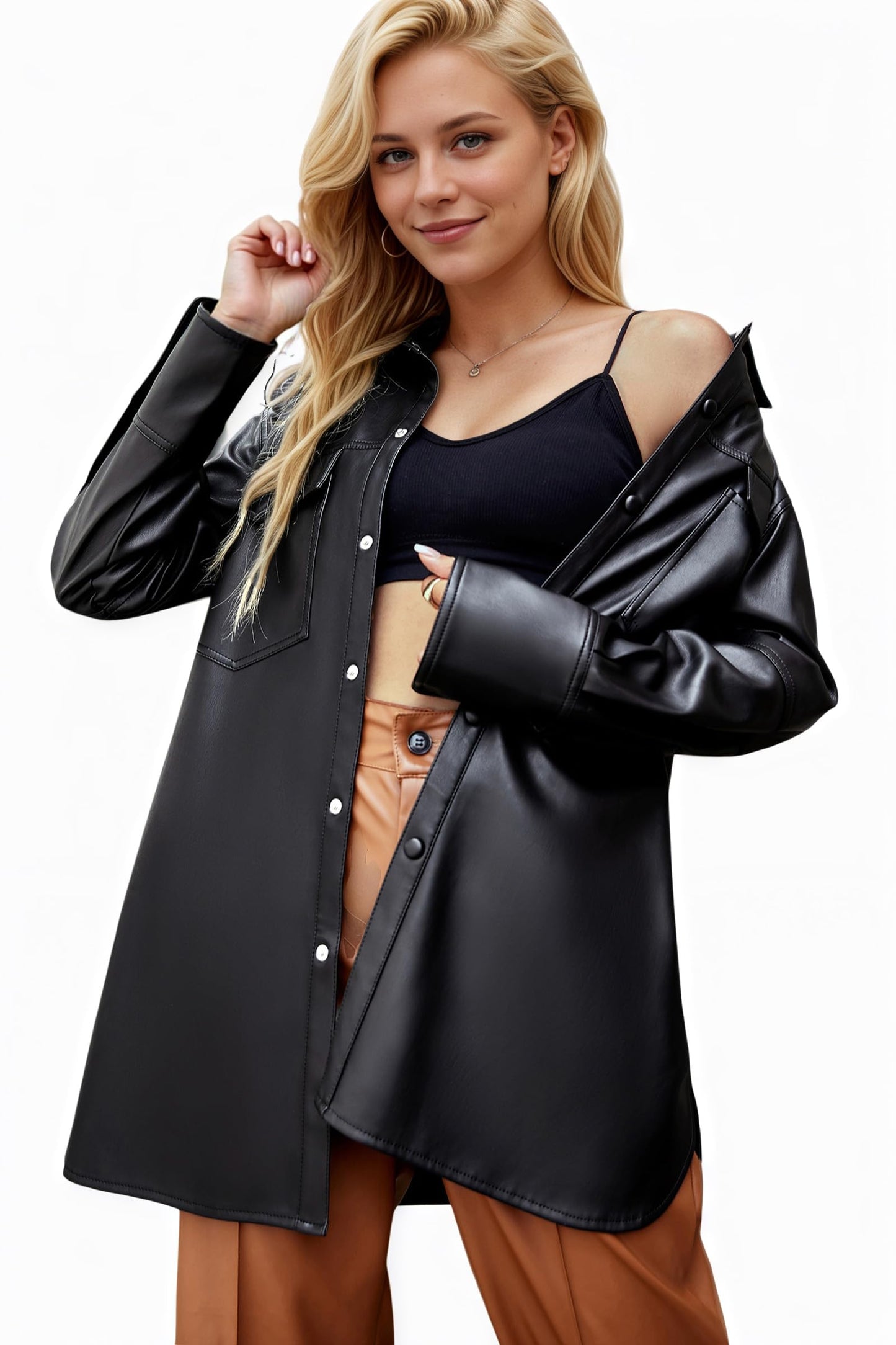 XULIKU Women Faux Leather Shacket Jacket,Fall Spring Button Down Lapel Long Sleeve Shirts with Pockets,Black,XL