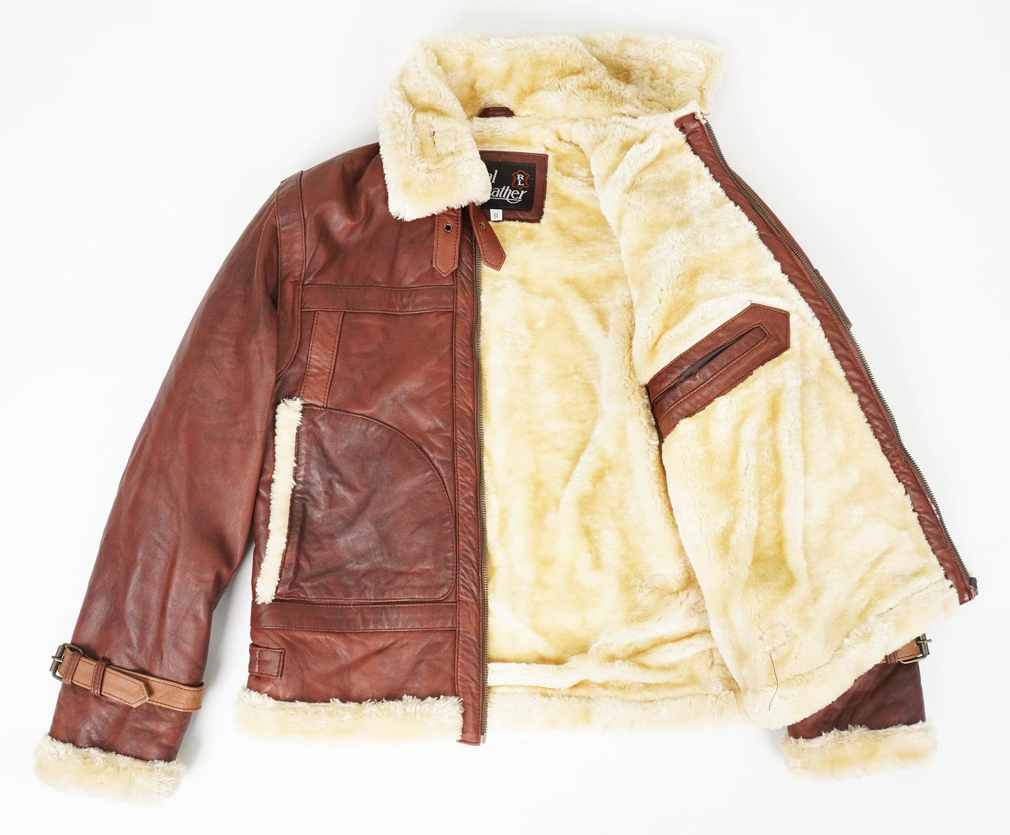 Mens B3 RAF Aviator Flight Pilot Bomber Sheepskin Leather Jacket - Flying Fur Shearling Brown Leather Jacket