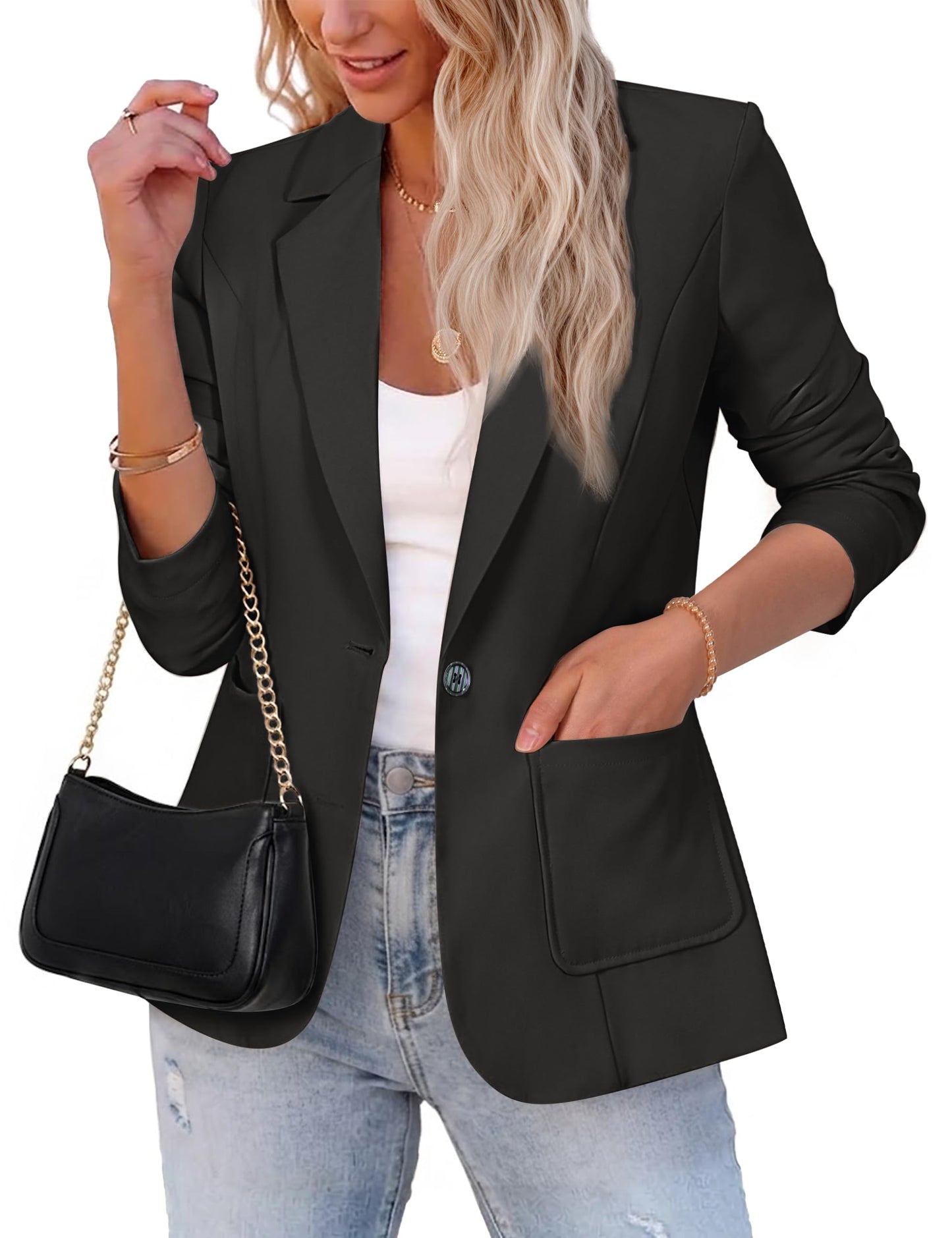 Othyroce Women’s Long Sleeve Blazer Jacket – Lightweight, Breathable, Stretchy Work & Casual Coat with Pockets Black-M