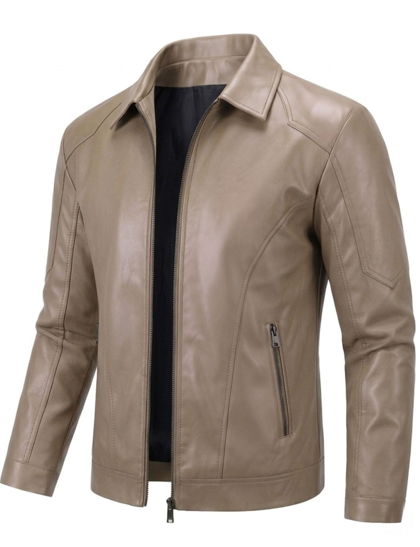 Khaki Leather Jacket Men Faux Leather Jackets Motorcycle Biker Coat L