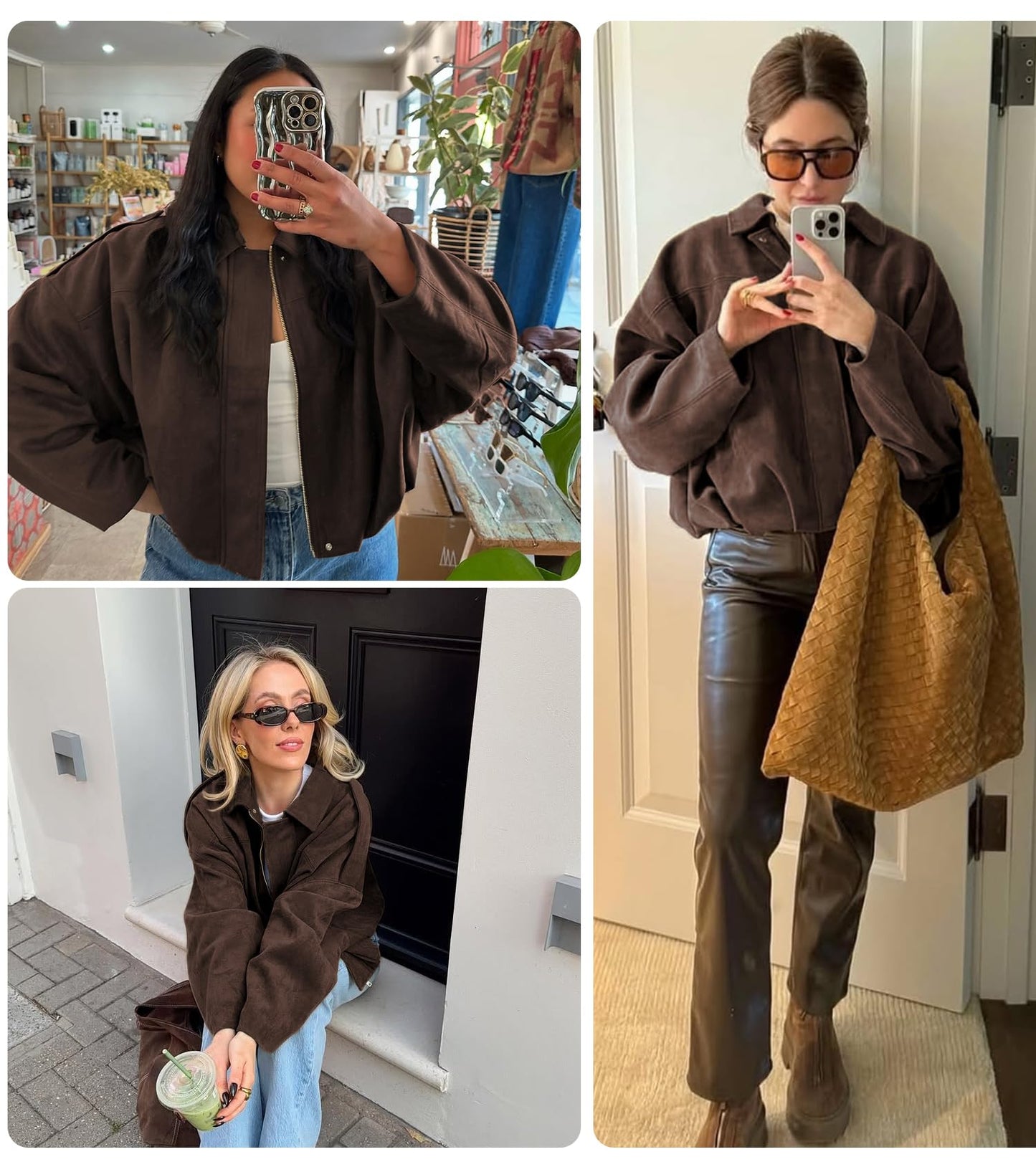 Bnigung Womens Faux Suede Bomber Jacket Casual Lapel Pilot Cropped Coat Oversized Motorcycle Jackets 2025 Outerwear(Coffee-M)