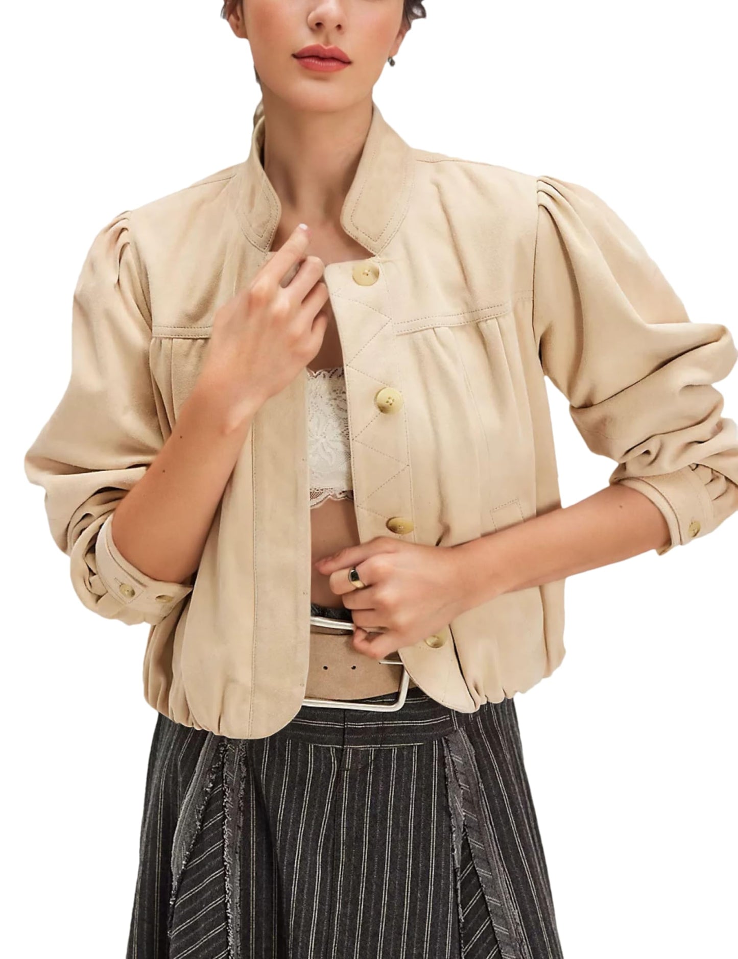 Wanzetaly Women's Faux Suede Jacket Casual Cropped Leather Coat with Pocket Button Bomber Jacket(0615-Beige-S)