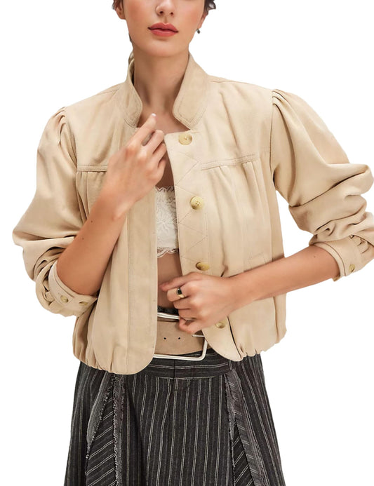 Wanzetaly Women's Faux Suede Jacket Casual Cropped Leather Coat with Pocket Button Bomber Jacket(0615-Beige-S)
