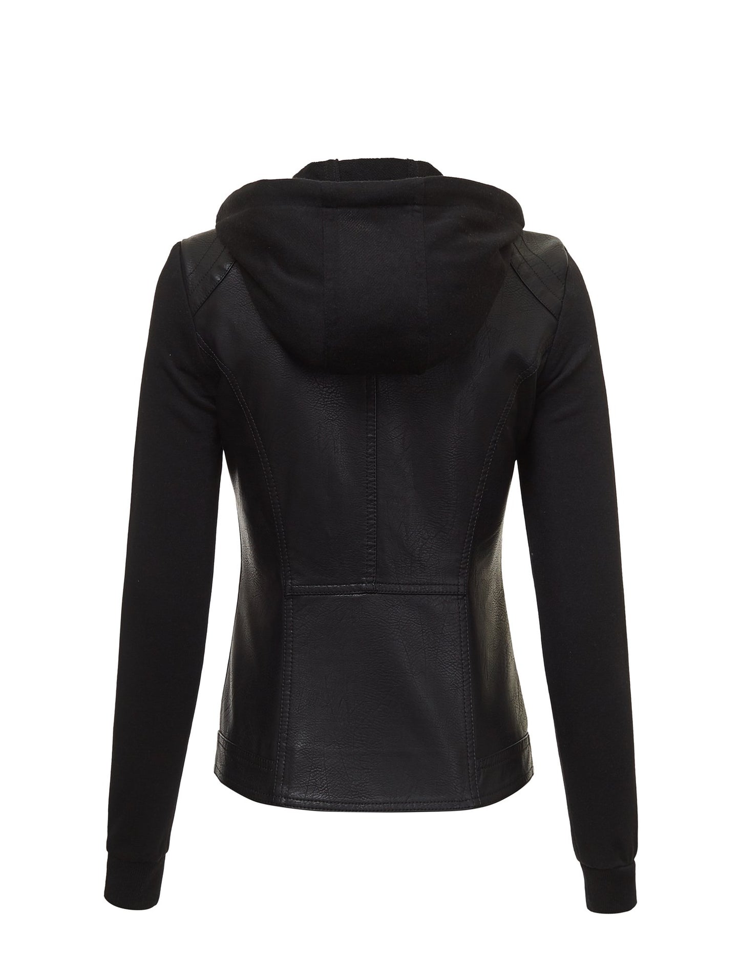 Made By Johnny MBJ WJC1347 Women’s Faux Leather Moto Jacket with Fleece Sleeves & Hoodie XS Black_Black
