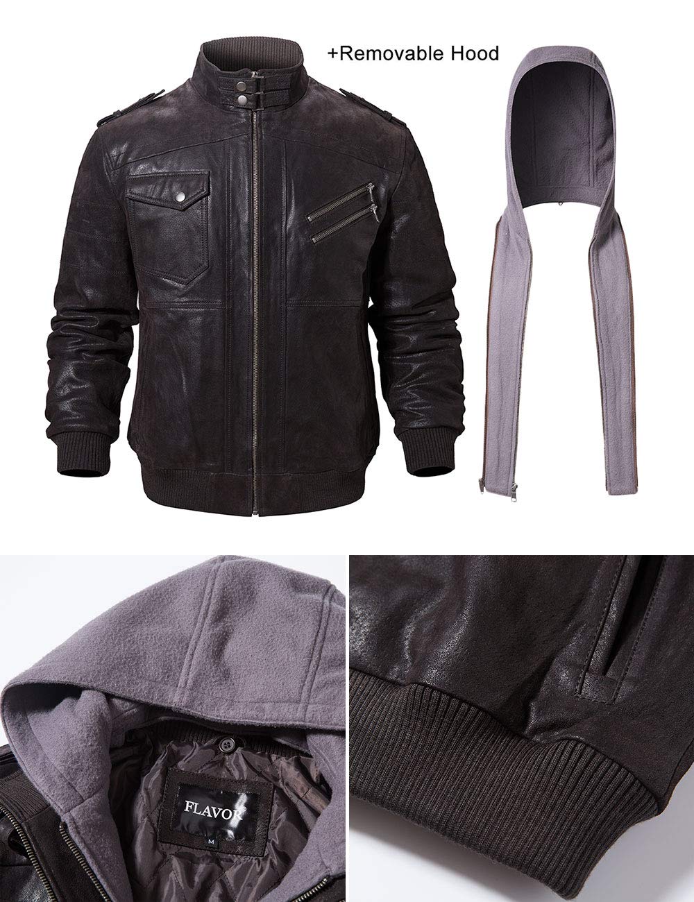 FLAVOR Men Brown Leather Motorcycle Jacket with Removable Hood (Large (US standard), Dark Brown+Gray)