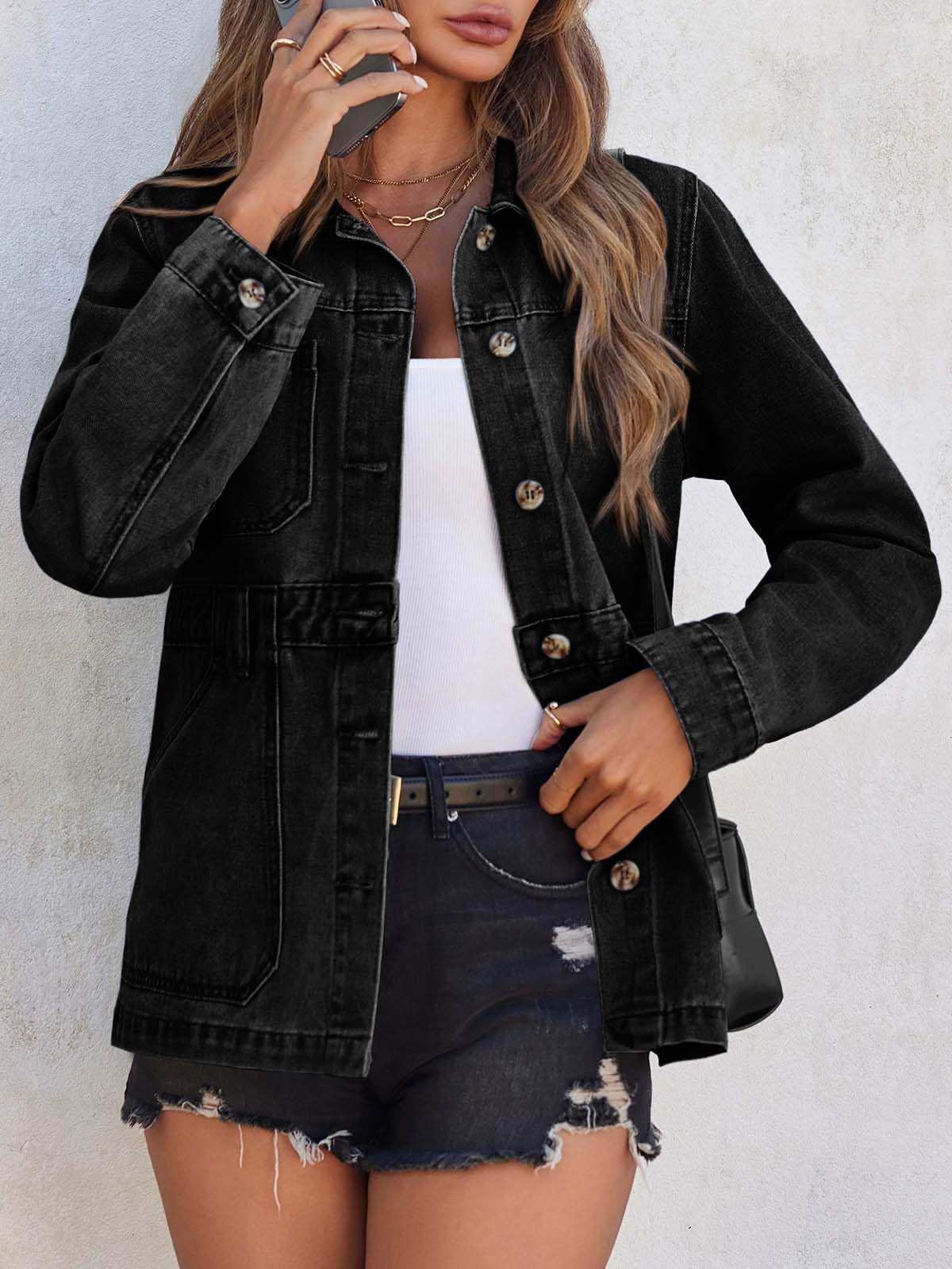 Tankaneo Womens Denim Jacket Distressed Jean Jacket Oversized Shacket