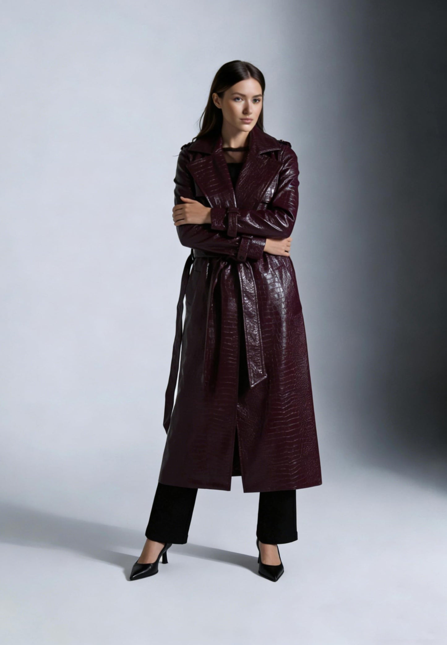 SS-Sunrise Fashion Womens Long Leather Jacket Burgundy Trench Coat Blazer Lapel Button Open Front Faux Motorcycle Jacket Coats with Belt (Medium, Wine Red)