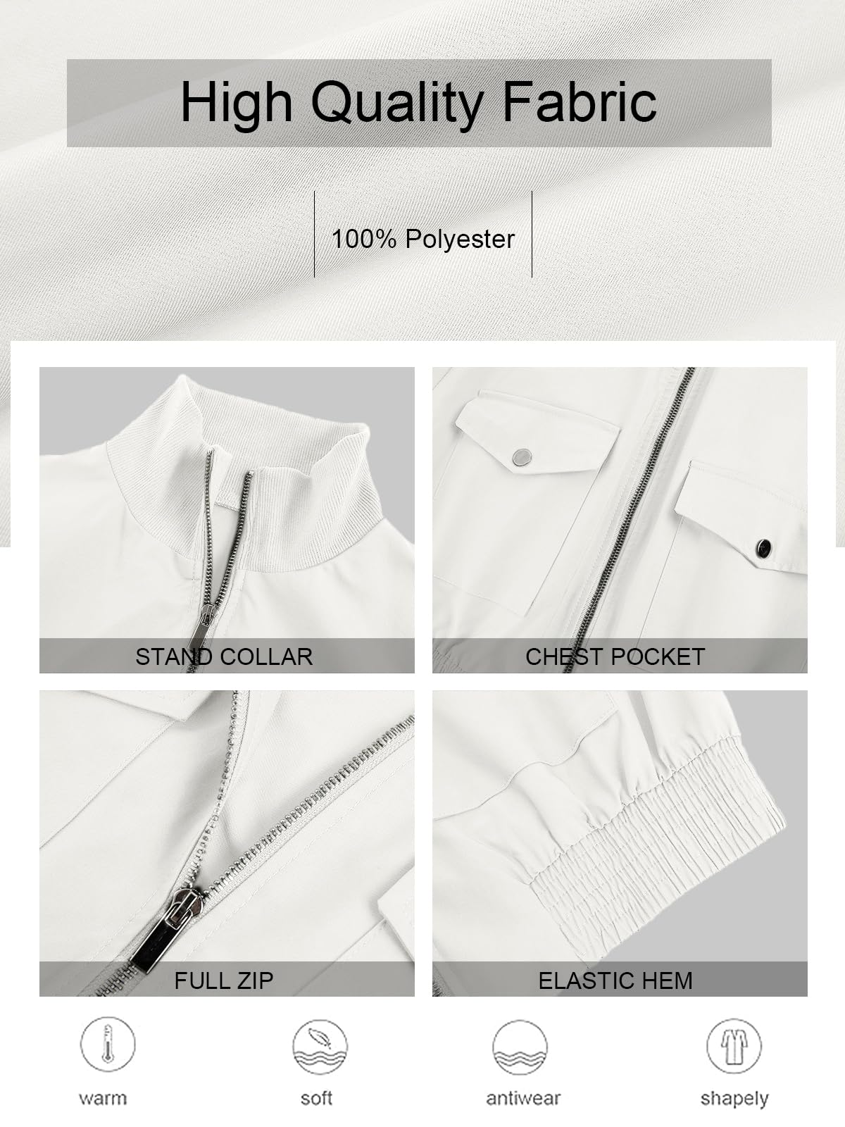 Fisoew Women's Fashion Cropped Bomber Jacket Long Sleeve Zip Up Stand Collar Jacket Coat with Pocket