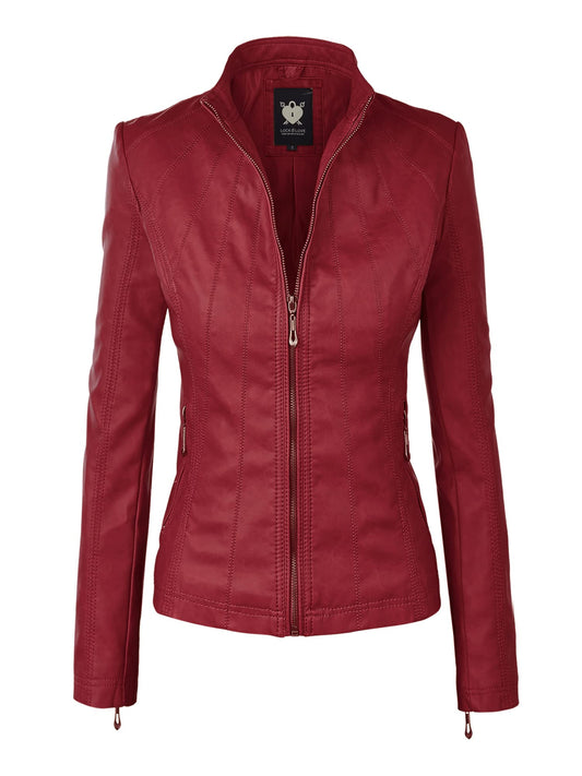 LL WJC877L Womens Panelled Faux Leather Moto Jacket XS RED