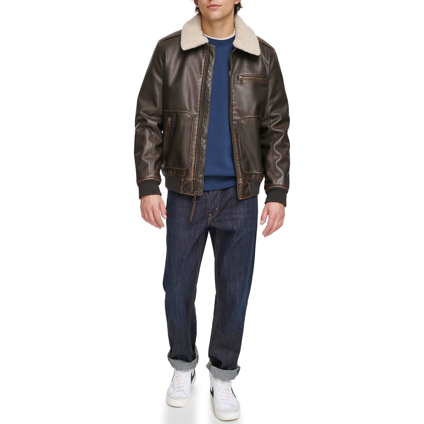 Levi's Men's Faux Leather Aviator Bomber Jacket with Sherpa Collar, Dark Brown Vintage Deer, X-Large